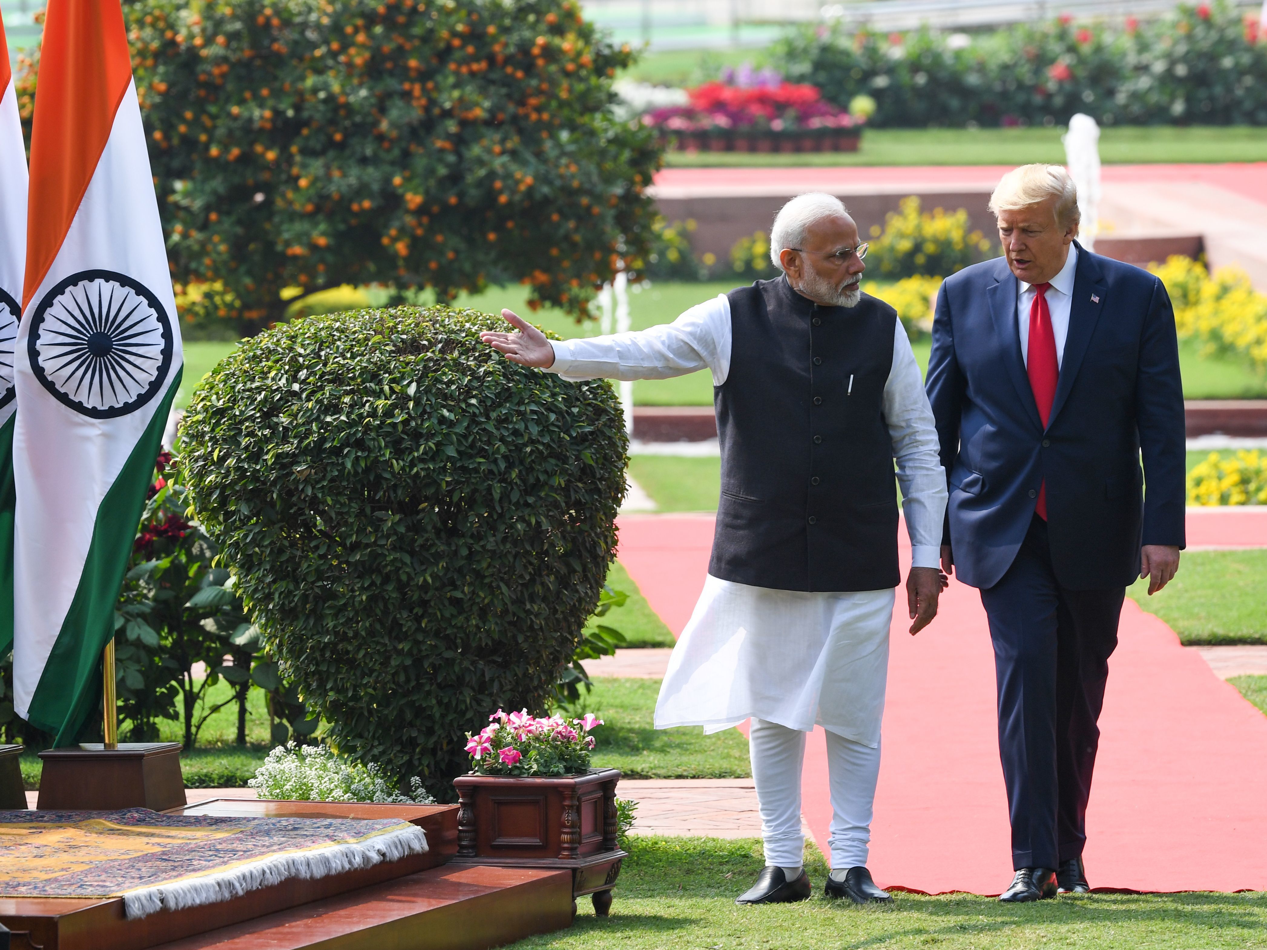 President Trump and India's Prime Minister Narendra Modi arrive for a joint press conference in New Delhi on Tuesday. (AFP via Getty Images)