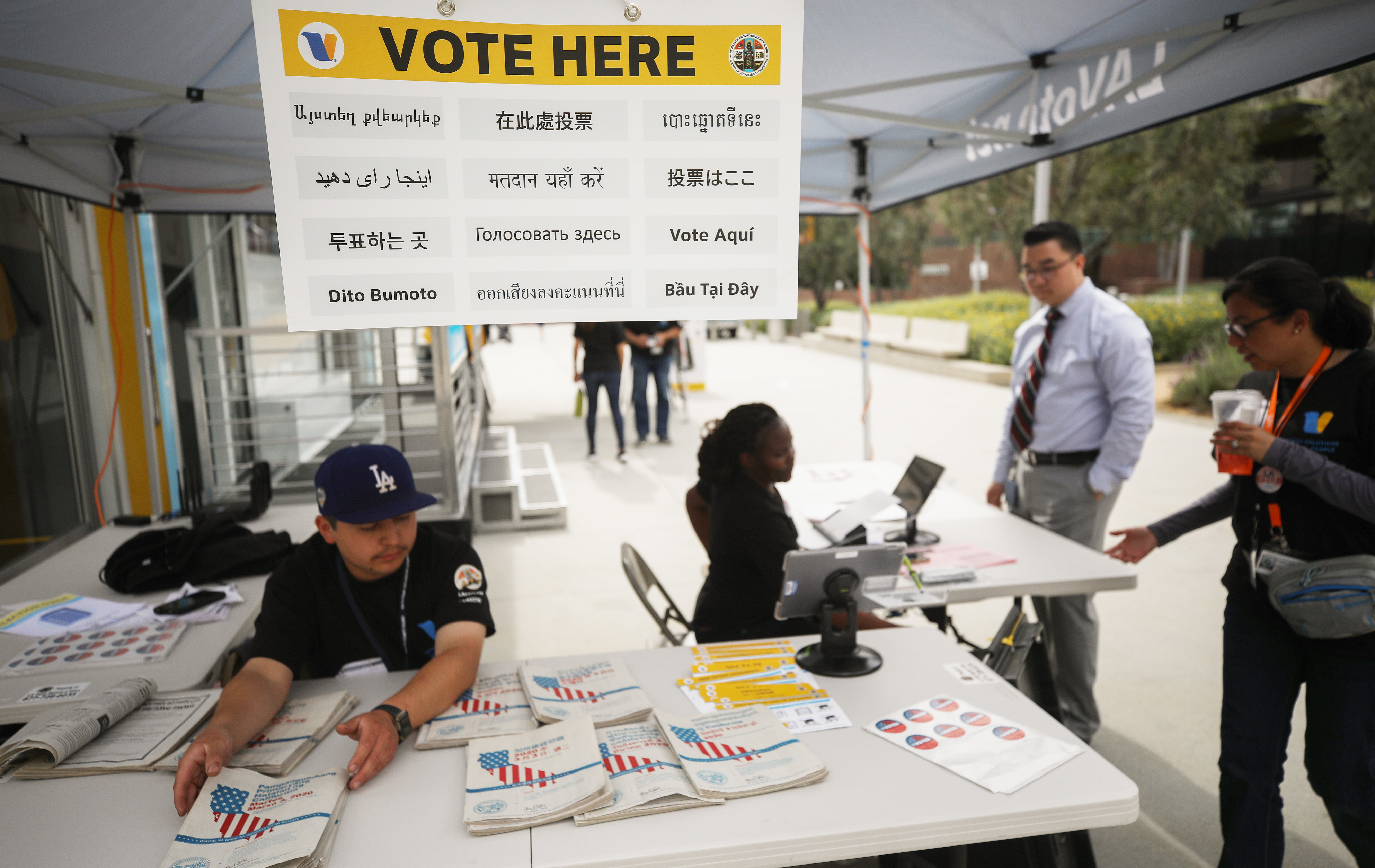 California holds early voting at a new LA County mobile vote center on Feb. 27 in Los Angeles. The state's presidential primary is on Super Tuesday, March 3. (Getty Images)