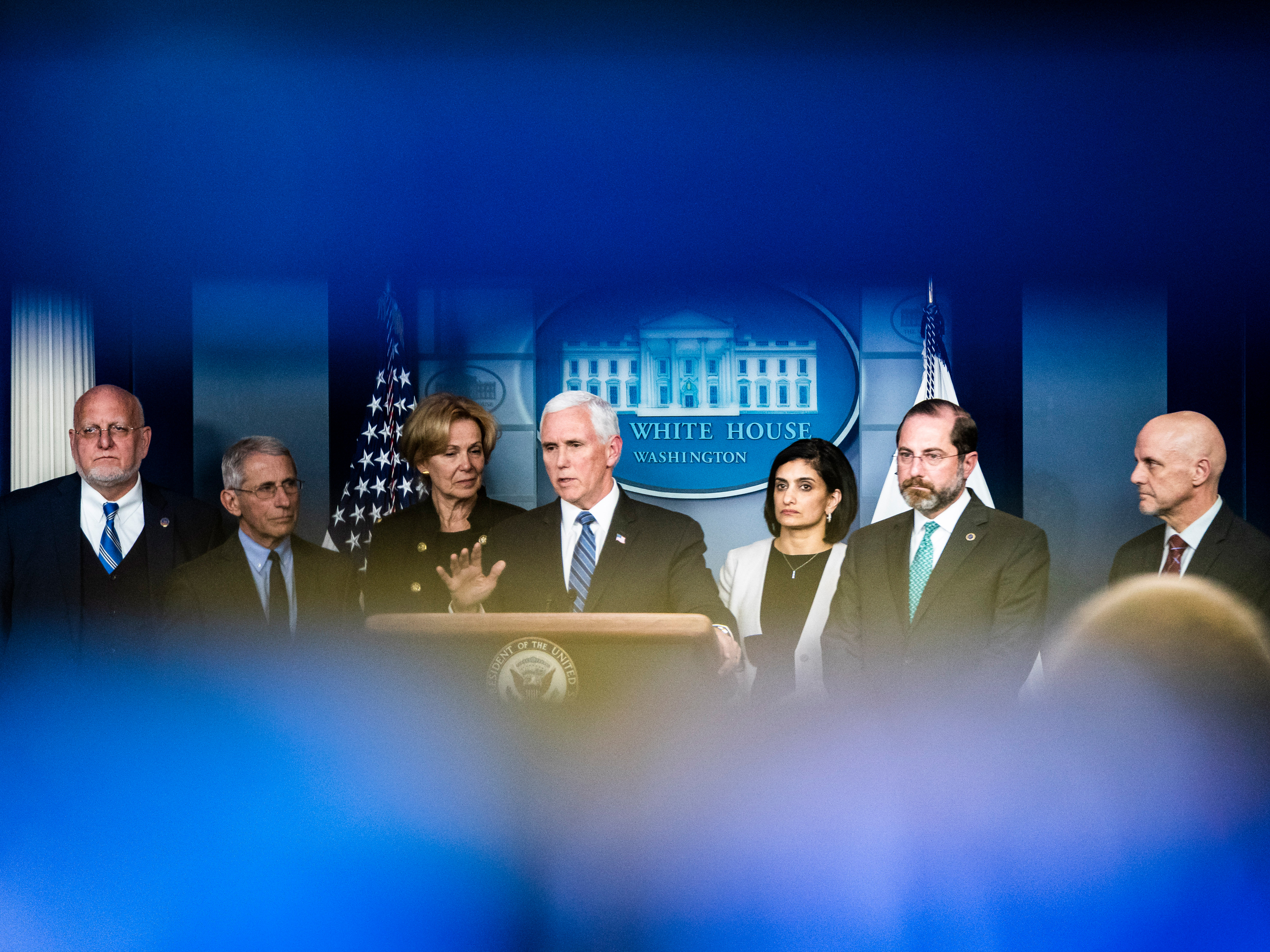 Vice President Mike Pence leads a press briefing along with members of the Coronavirus Task Force formed by the White House in response to the outbreak. (The Washington Post via Getty Images)