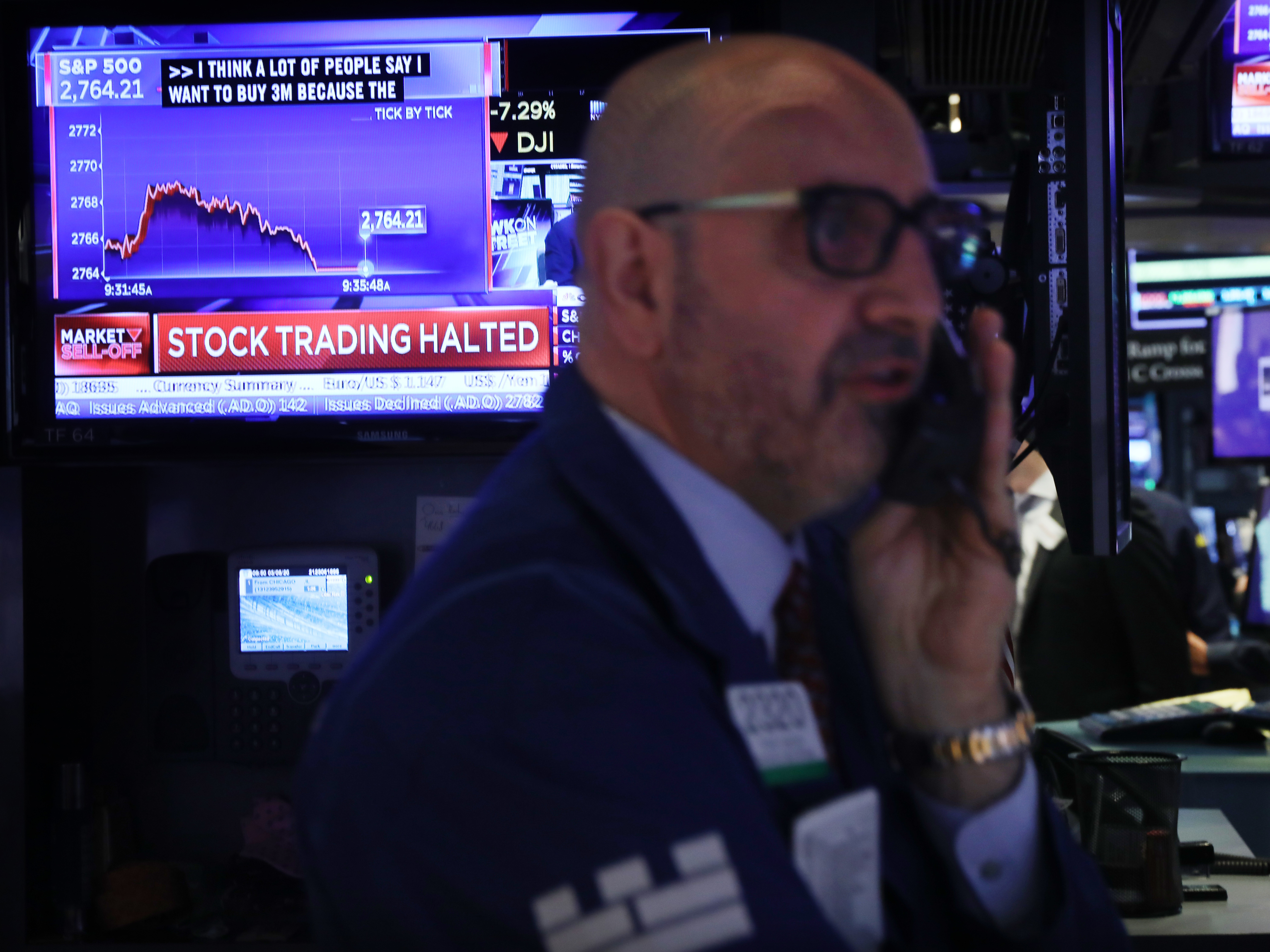 Trading on the New York Stock Exchange was halted briefly Monday morning when the S&P 500 index fell 7%, triggering automatic circuit breakers. (Getty Images)