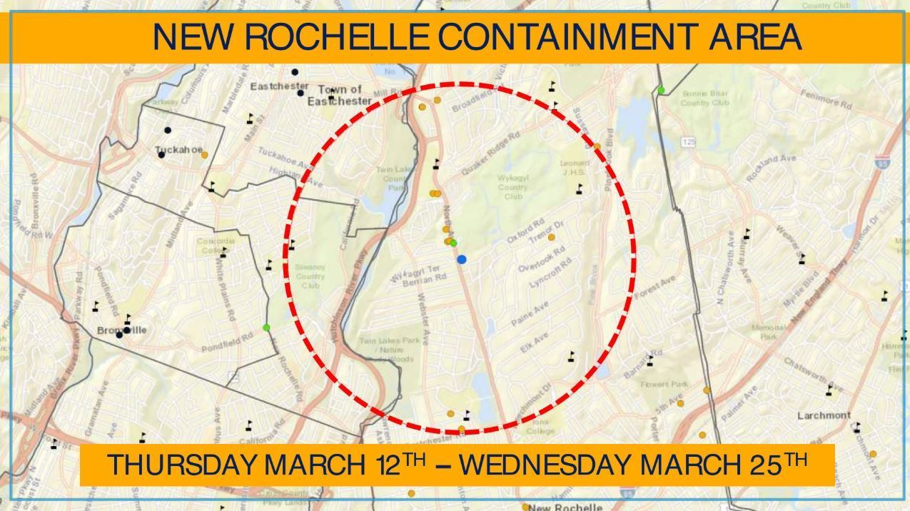 The Young Israel synagogue of New Rochelle is at the center of a new "containment area" announced by New York Gov. Andrew Cuomo Tuesday, in an effort to combat the COVID-19 coronavirus.