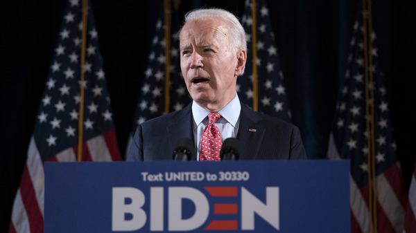 Democratic presidential candidate and former Vice President Joe Biden delivers remarks about the coronavirus outbreak at the Hotel Du Pont Thursday in Wilmington, Delaware.