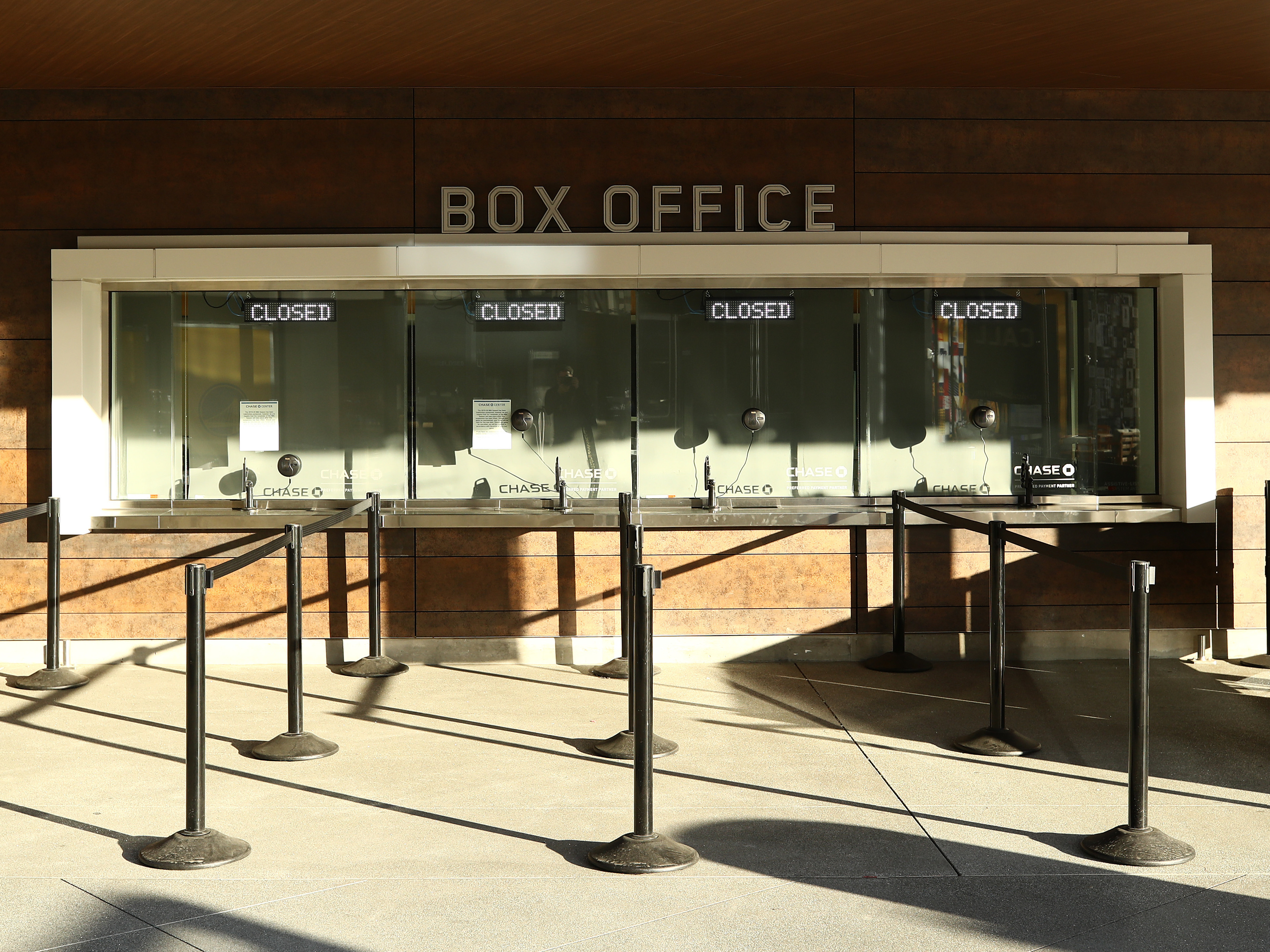 A box office is closed at the Chase Center in San Francisco, where the Golden State Warriors were to play the Brooklyn Nets on Thursday. The NBA season has been suspended due to the outbreak of coronavirus. (Getty Images)