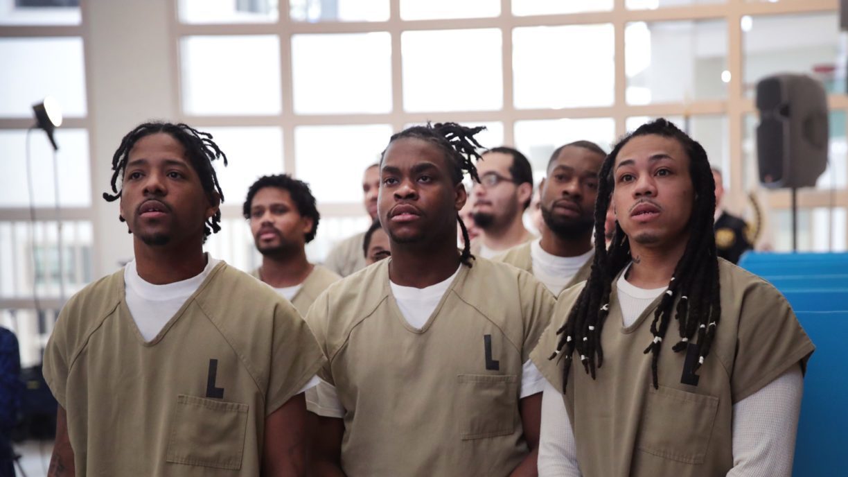 Inmates at the Cook County Jail line up to vote in the Illinois primary election after a polling place in the facility was officially opened for early voting on in Chicago, Illinois. (Scott Olson/Getty Images)