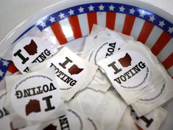 "I Voted" stickers are seen at a polling place Sunday in Steubenville, Ohio.