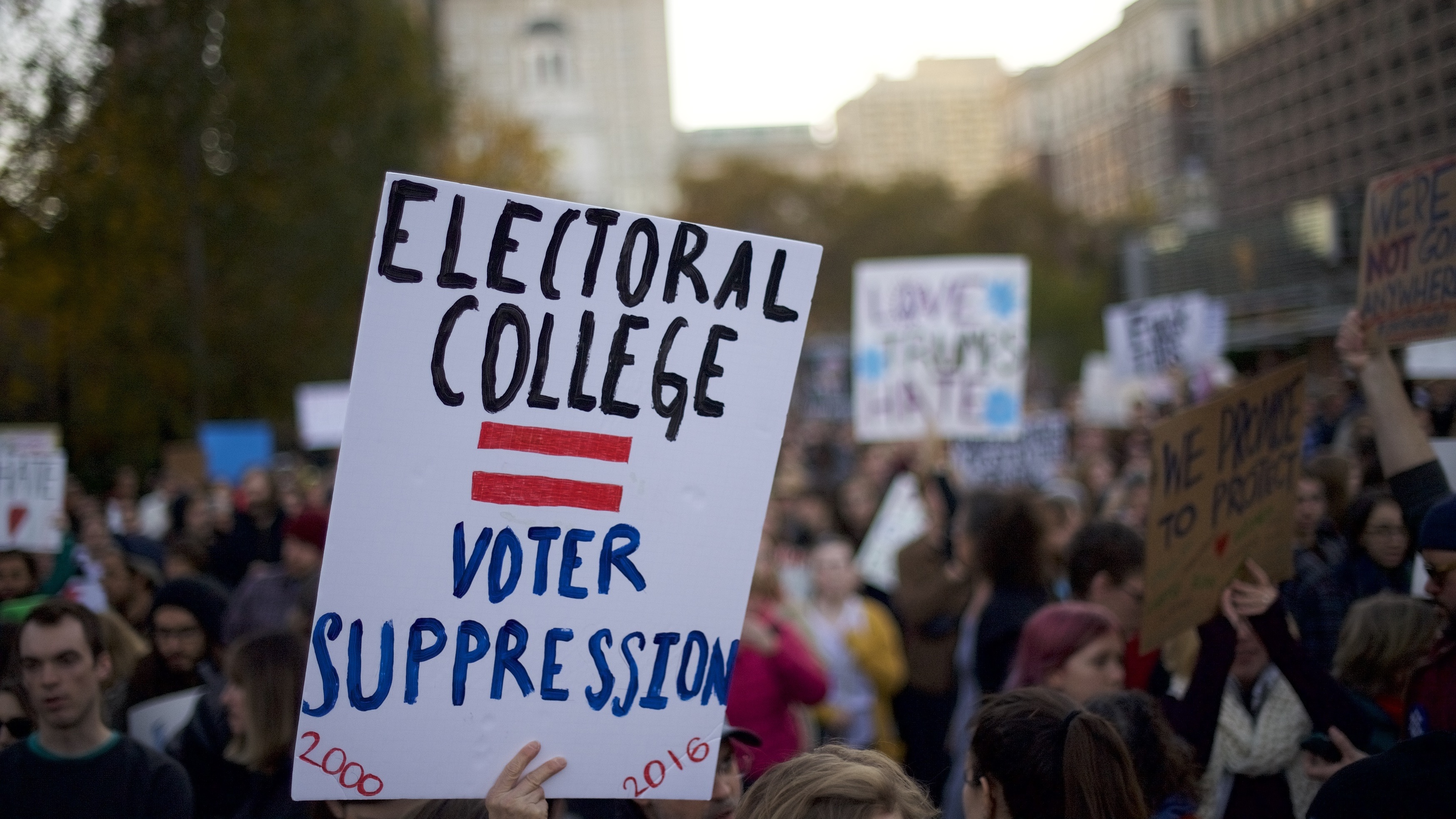 Protestors demonstrate against President-elect Donald Trump in Philadelphia in 2016. Trump won the presidential election despite losing the popular election by more than two million votes. (Getty Images)