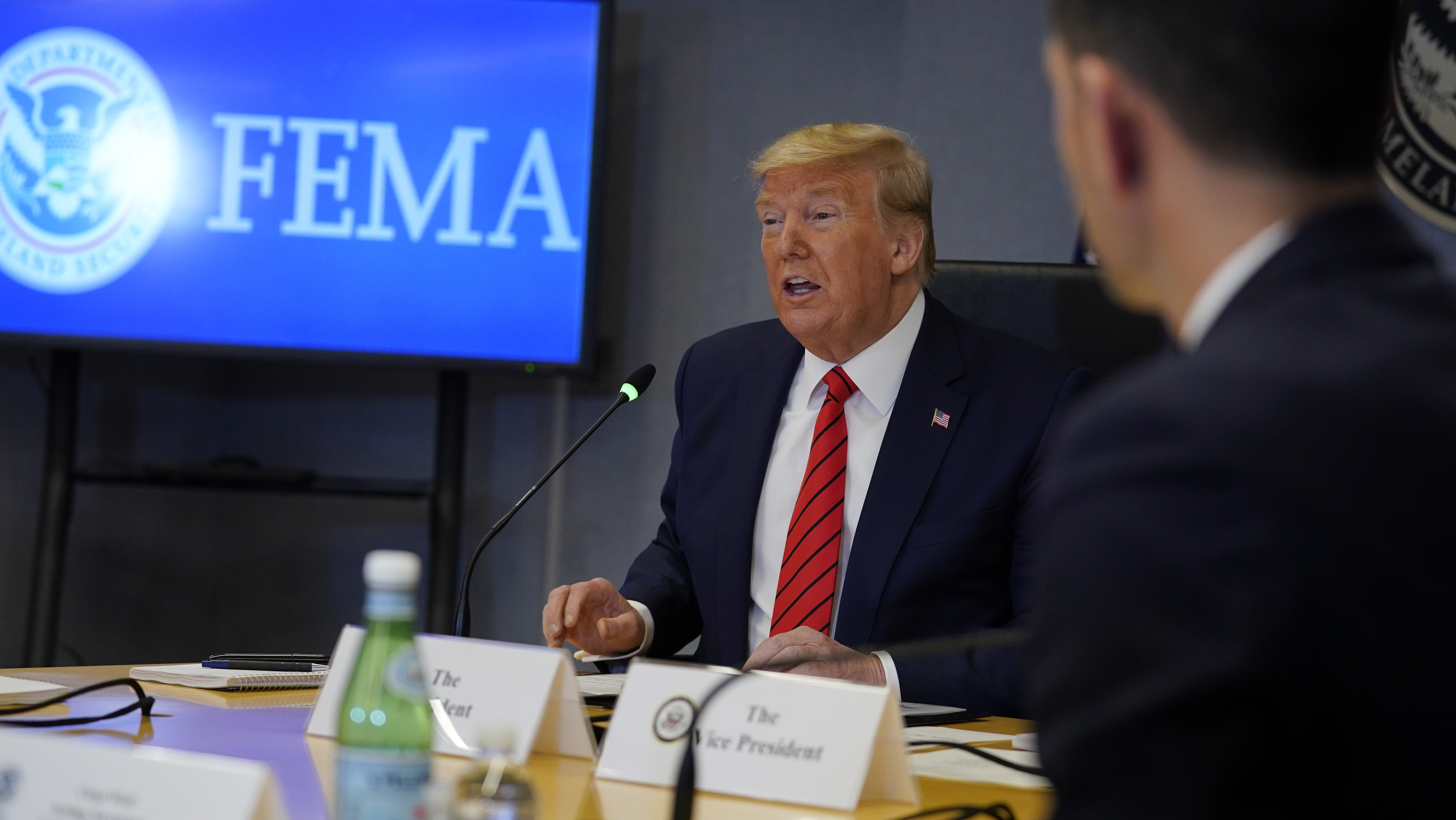 President Trump speaks during a teleconference with governors at the Federal Emergency Management Agency headquarters Thursday. (Getty Images)