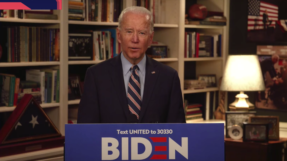 Speaking via livestream, former Vice President Joe Biden said President Trump was slow to recognize and respond to the health crisis. (Joe Biden/Screenshot by NPR)