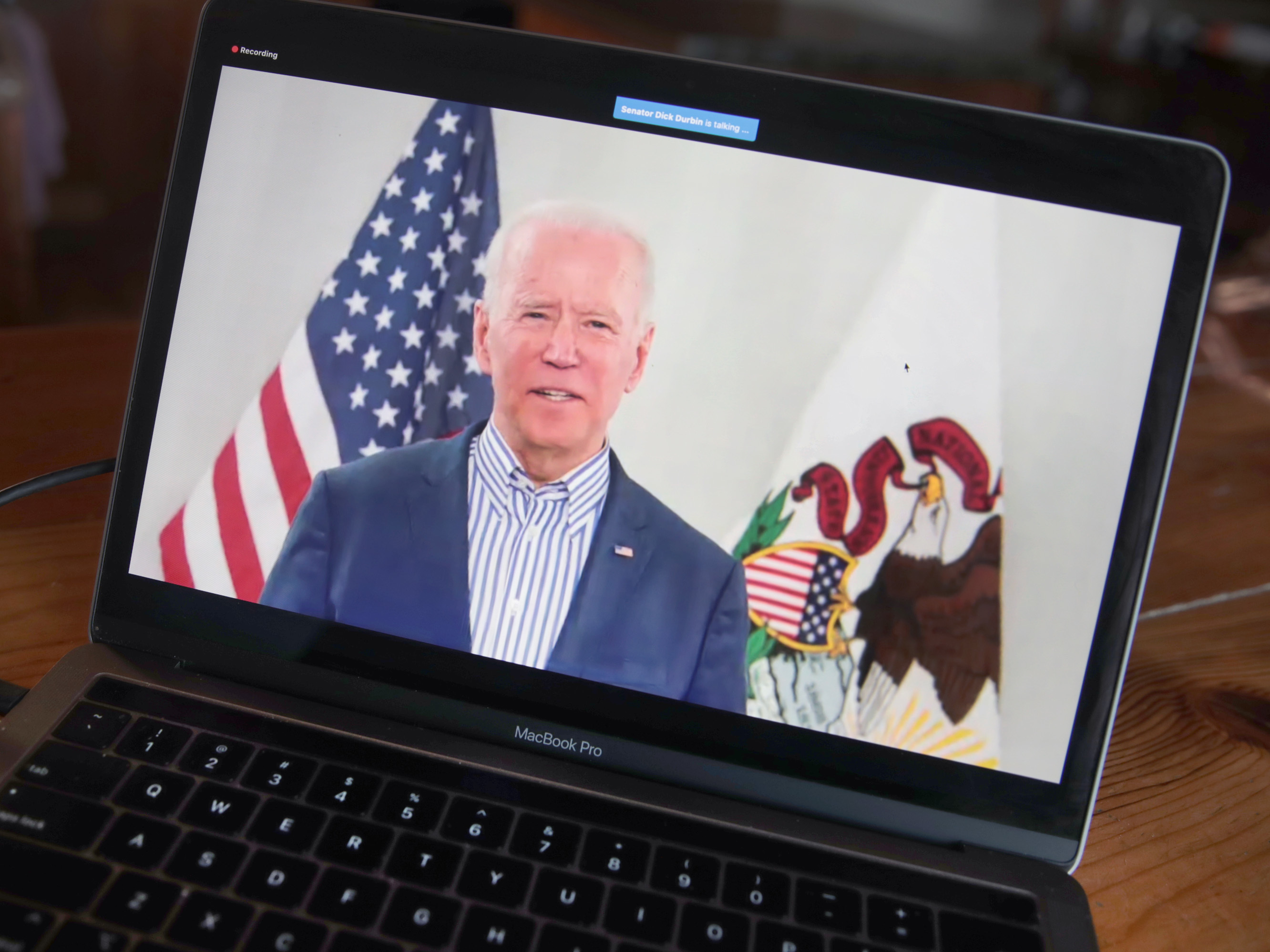 Former Vice President Joe Biden holds a virtual campaign event on March 13. Since the coronavirus outbreak has grounded campaigning, his staff has spun up a strategy for reaching voters on the internet and TV more aggressively. (Getty Images)