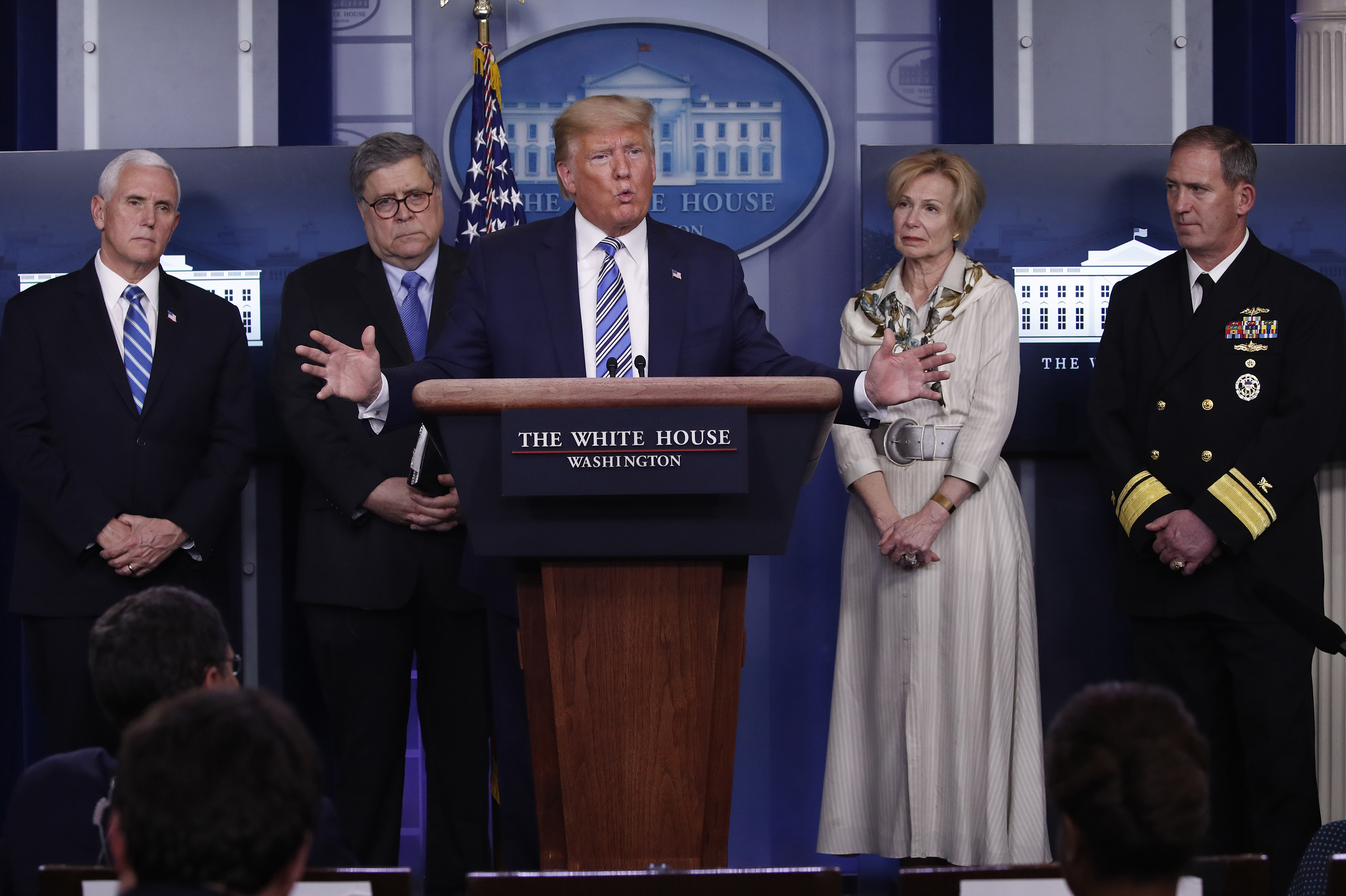 President Trump takes questions from reporters Monday. Joining him at the press briefing on coronavirus are Vice President Pence; Attorney General William Barr; Dr. Deborah Birx, White House coronavirus response coordinator; and Navy Rear Adm. John Polowczyk, who leads FEMA's task force on the supply chain. (AP)