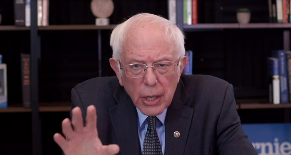 Sen. Bernie Sanders talks about his plan to deal with the coronavirus pandemic during a virtual round table with supporters on March 17. (berniesanders.com via Getty Images)