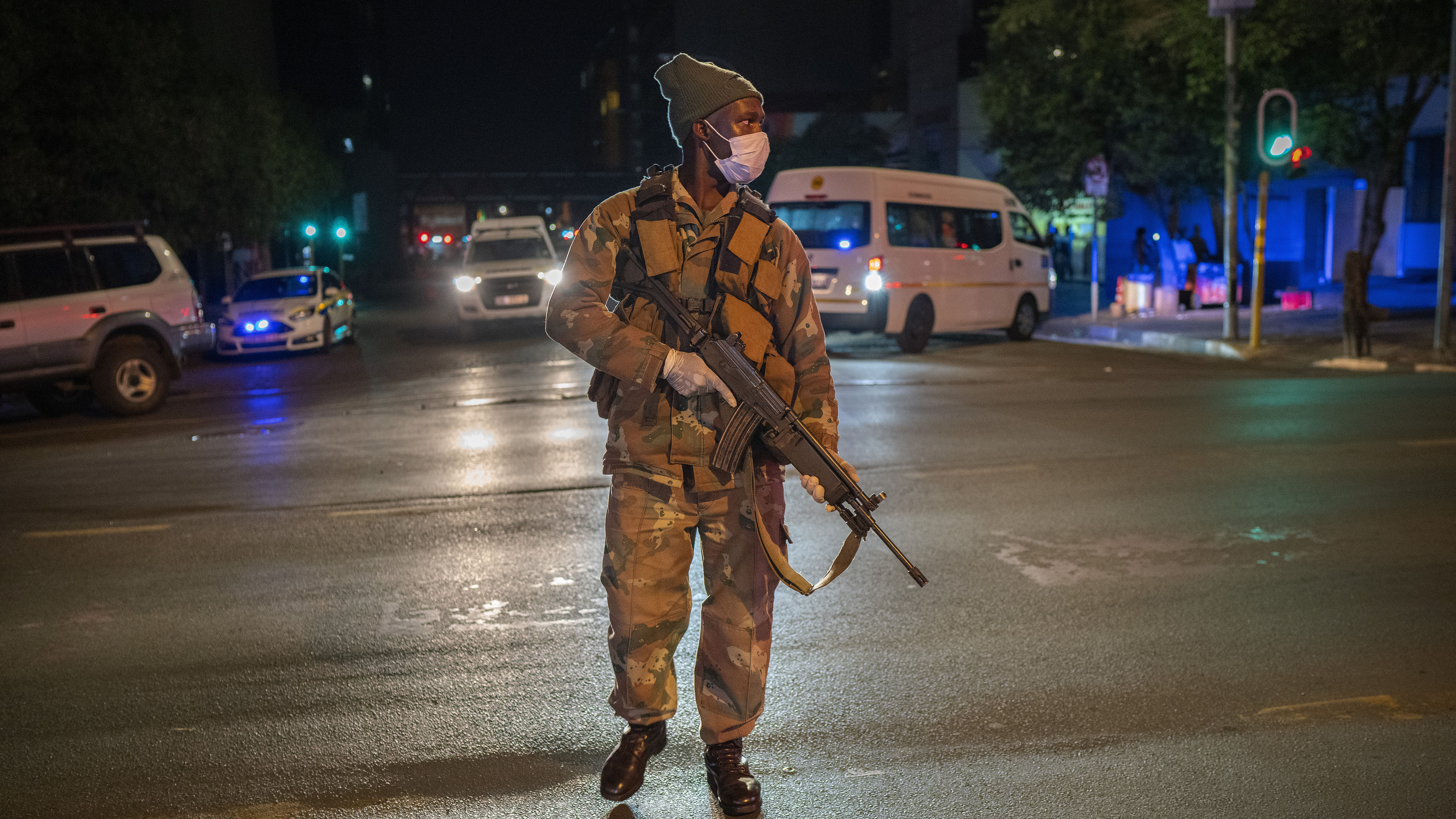 A South African soldier enforces the lockdown order in downtown Johannesburg, South Africa, on Friday.