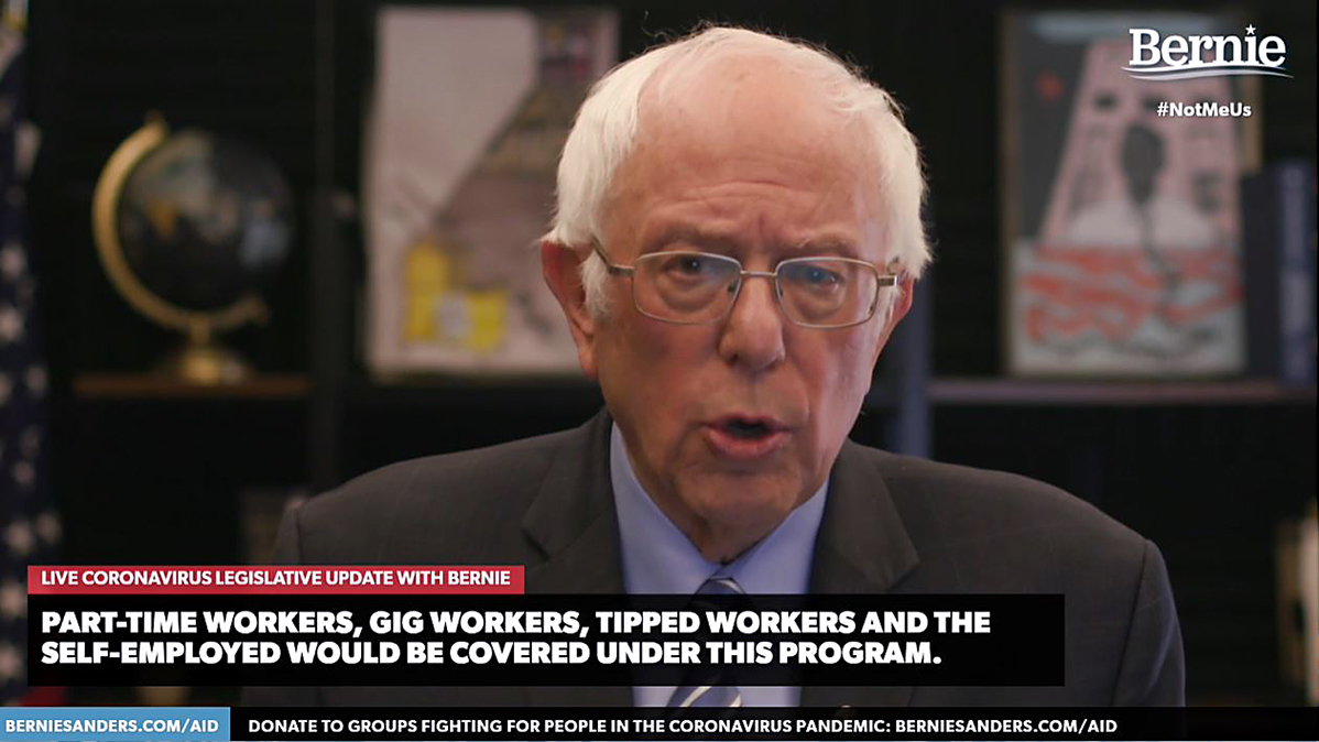 Democratic presidential candidate Bernie Sanders, U.S. senator from Vermont, talks about the coronavirus relief bill on Wednesday in one of several speeches about the crisis streamed on his campaign website. (berniesanders.com via Getty Images)