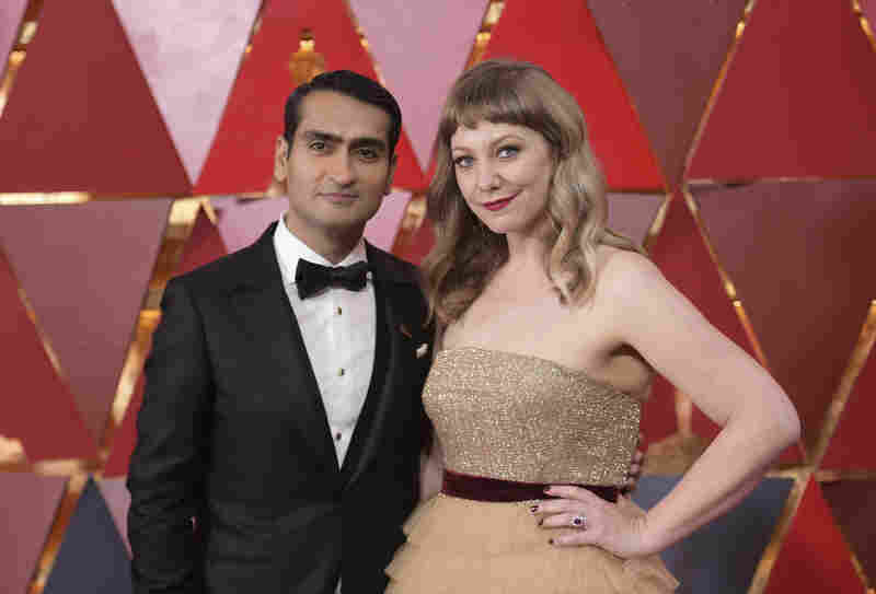 Kumail Nanjiani and Emily V. Gordon arrive at the Oscars on March 4, 2018, at the Dolby Theatre in Los Angeles.
