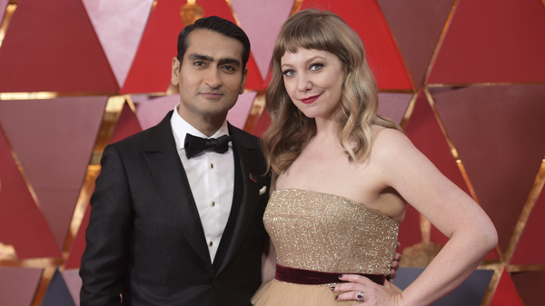 Kumail Nanjiani and Emily V. Gordon arrive at the Oscars on March 4, 2018, at the Dolby Theatre in Los Angeles.