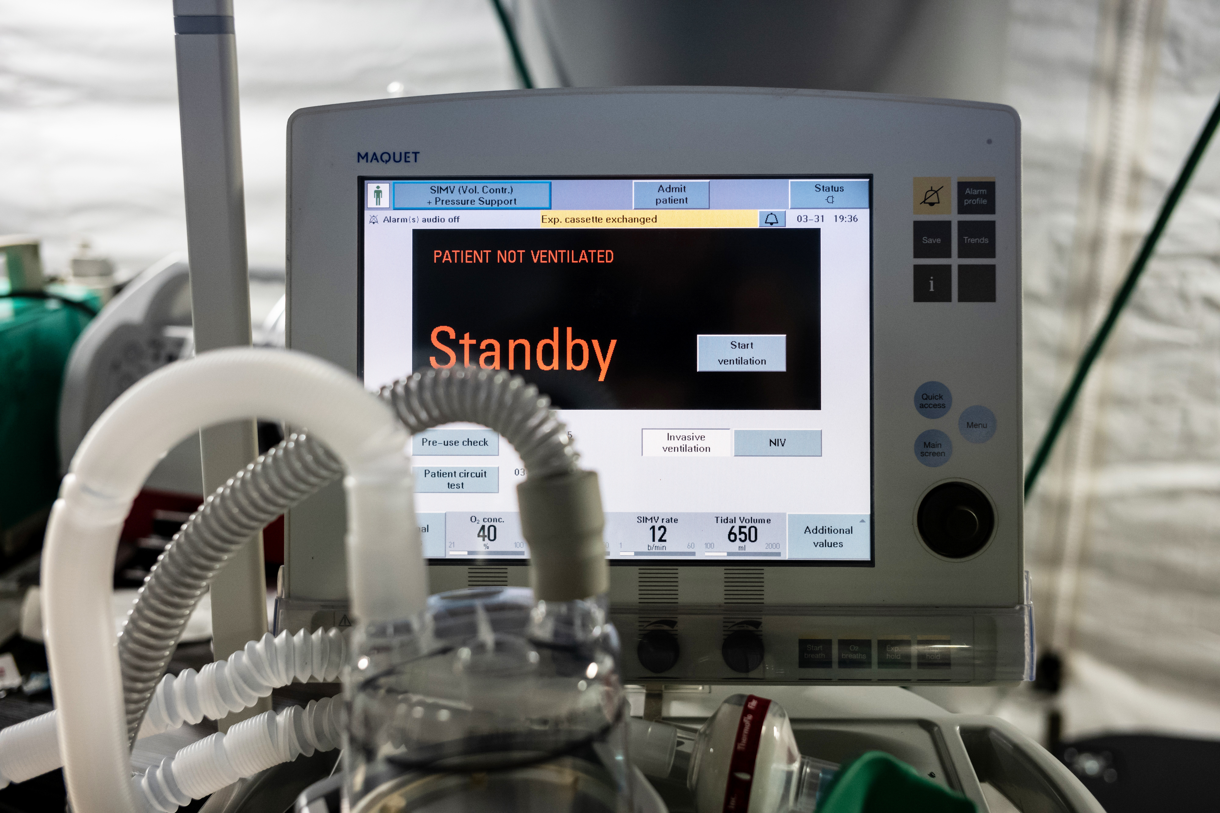 A ventilator and other hospital equipment is seen in an emergency field hospital to aid in the coronavirus pandemic in Central Park in New York City on Tuesday. (Getty Images)