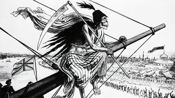 An 1883 illustration of the Grim Reaper draped in a cloth labeled "cholera," arriving in America on a British ship.