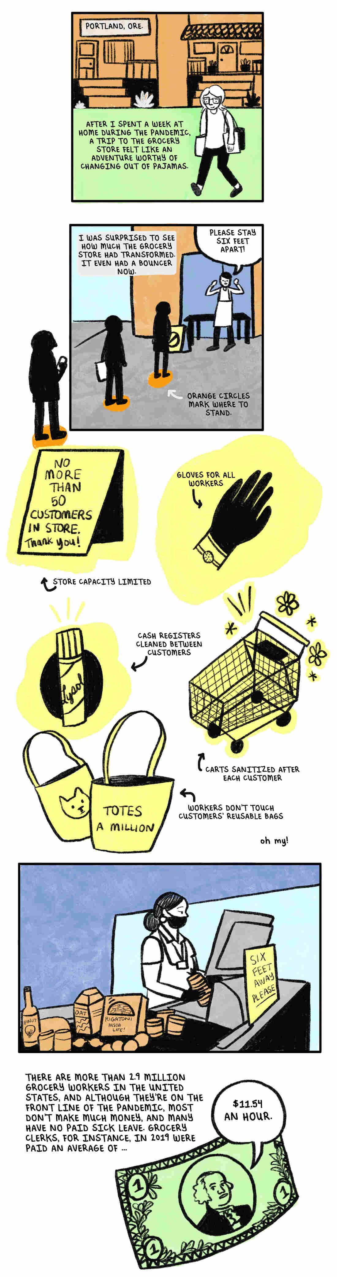 Visual journalist Sarah Mirk checked in with grocery workers from across the country to hear more about their experiences during the pandemic and what they want to see change.