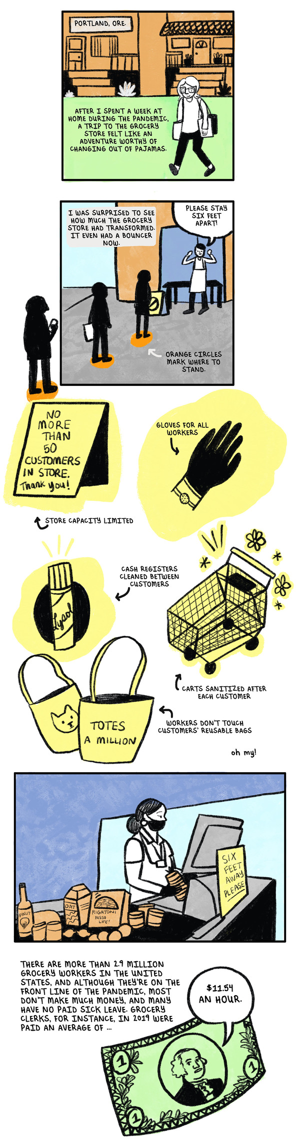 Visual journalist Sarah Mirk checked in with grocery workers from across the country to hear more about their experiences during the pandemic and what they want to see change.