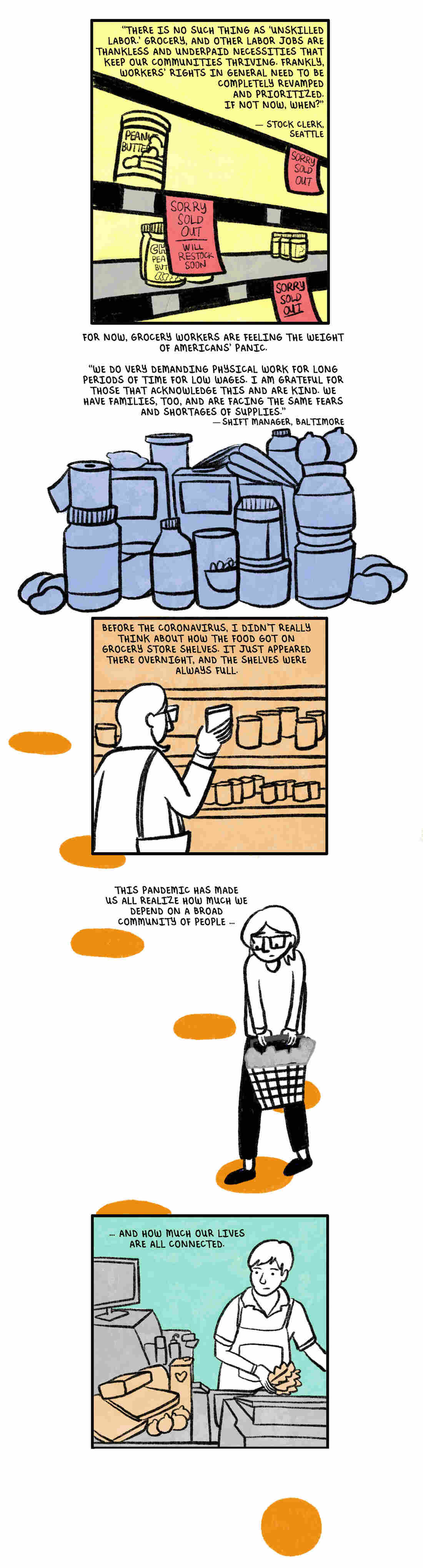 Visual journalist Sarah Mirk checked in with grocery workers from across the country to hear more about their experiences during the pandemic and what they want to see change.