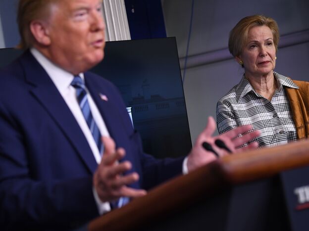 Response coordinator for the White House Coronavirus Task Force Deborah Birx listens to President Trump during a briefing at the White House on April 5, 2020. (Eric Baradat /AFP via Getty Images)