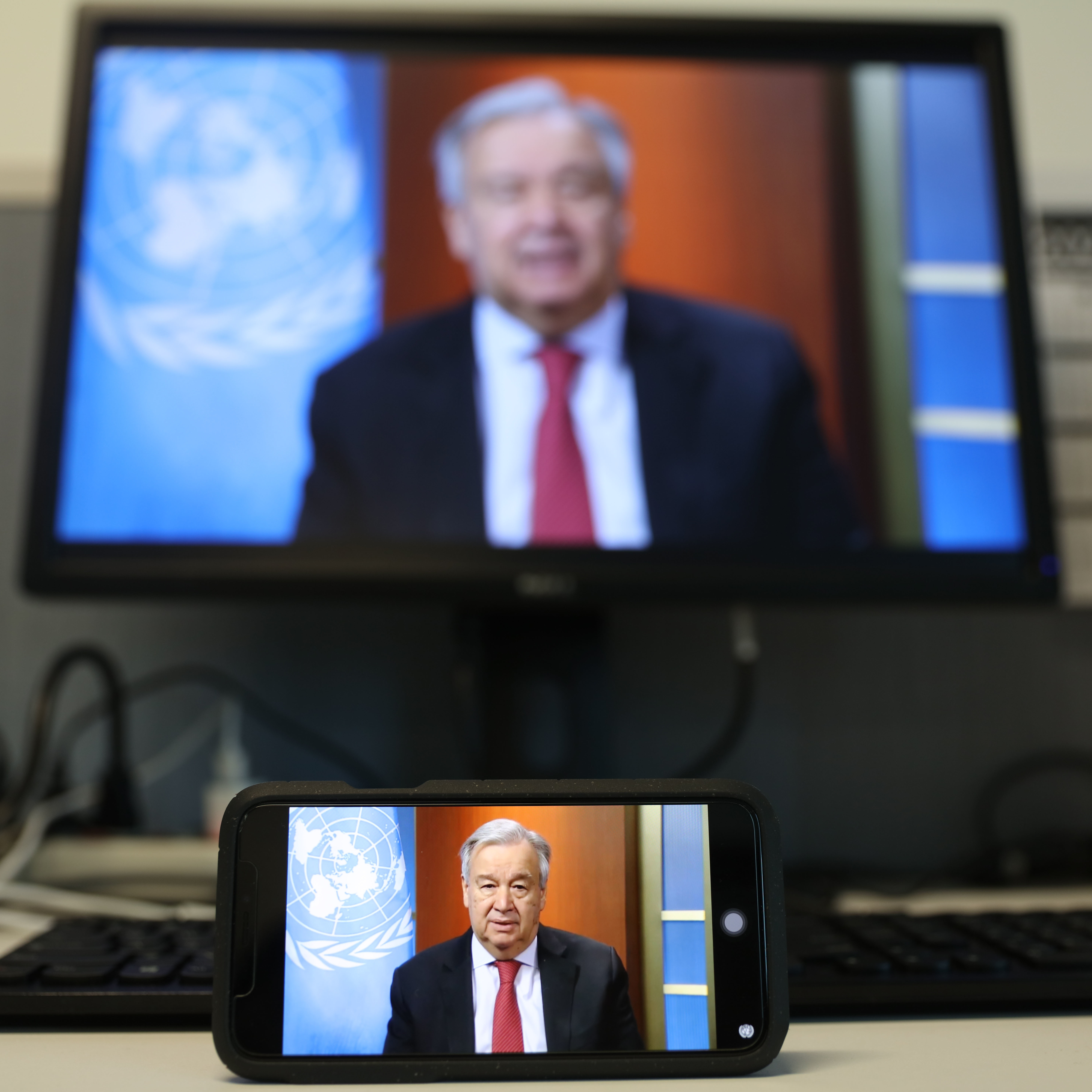 U.N. Secretary-General António Guterres speaking at a virtual news briefing at United Nations headquarters in New York last week. Guterres said Sunday that measures to stop domestic violence should be part of national responses to the COVID-19 pandemic. (Xinhua News Agency/Getty Images)
