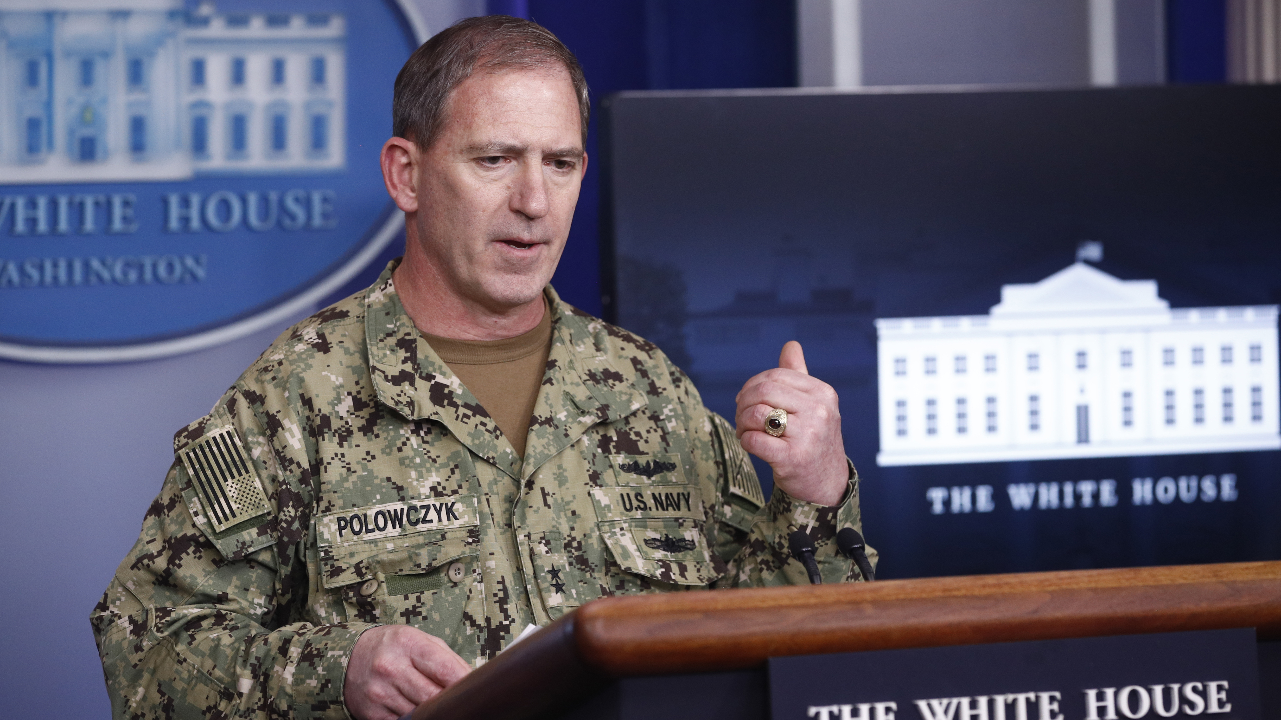 Navy Rear Adm. John Polowczyk, supply chain task force lead at FEMA, speaks during a coronavirus task force briefing at the White House on Sunday.