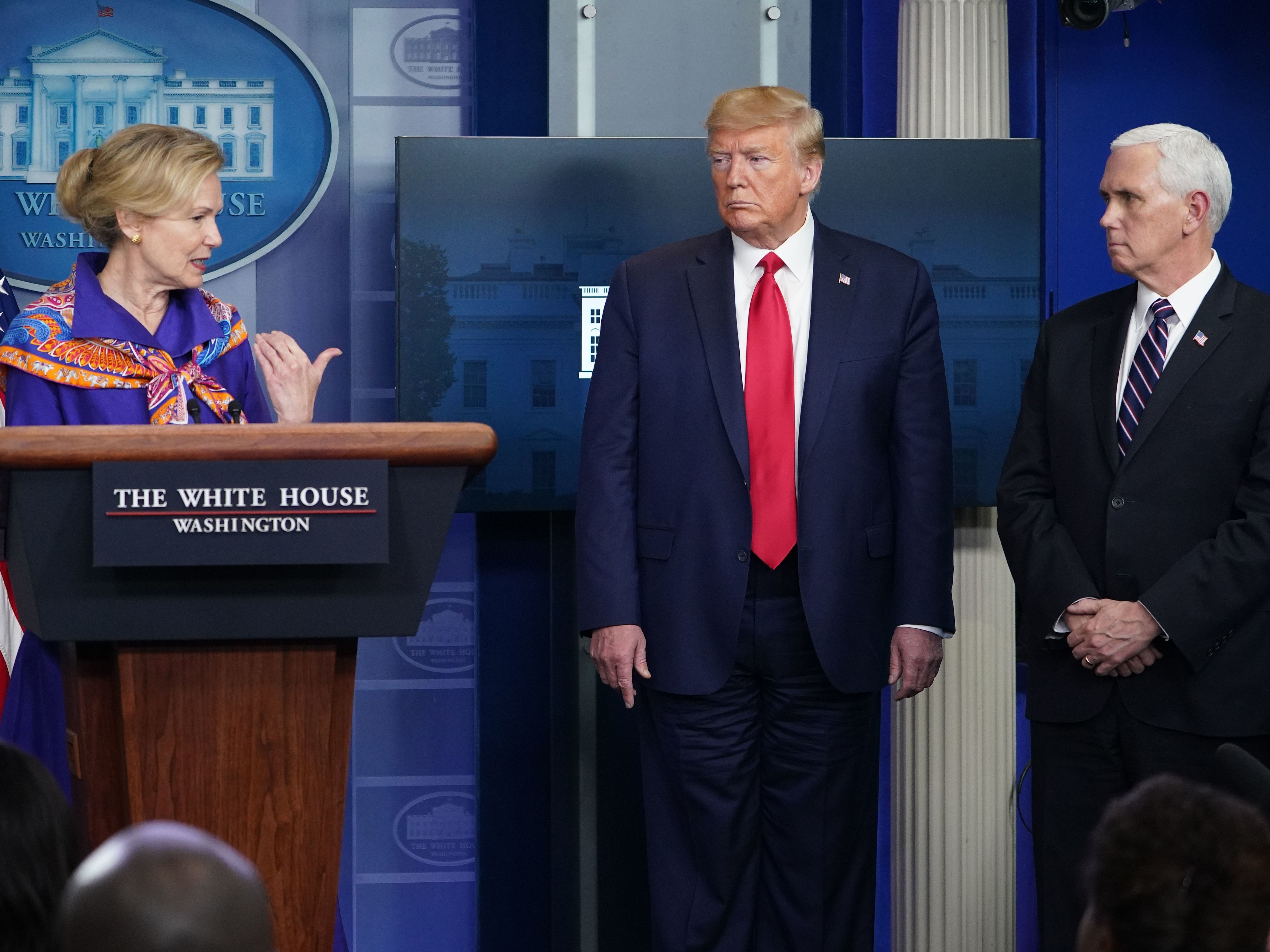 Response coordinator for White House Coronavirus Task Force Dr. Deborah Birx speaks as President Trump and Vice President Trump listen at Wednesday's briefing.