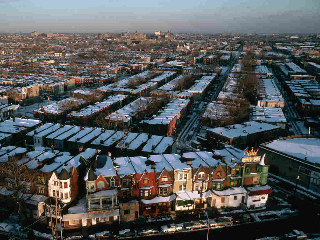 A dusting of snow covers block after block of row houses, which stand behind the restaurant which originated the Philly Cheese Steak Sandwich. (Photo by © Ted Spiegel/CORBIS/Corbis via Getty Images)
