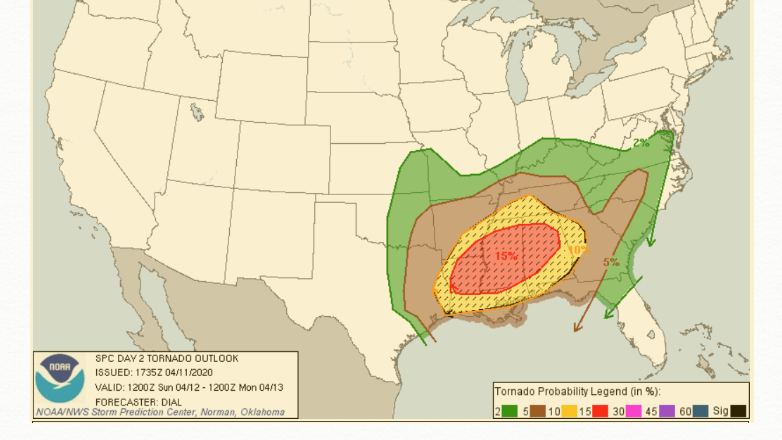 A screen grab from the NOAA web site shows where tornadoes could hit on Sunday. Most Shelters in Alabama and Mississippi will remain open despite concerns over the coronavirus.