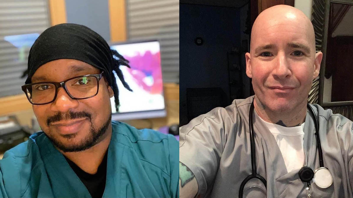Friends for 30 years, Sam Dow (left) in Ann Arbor, Mich., and Josh Belser in Syracuse, N.Y., are both working on the front lines of the coronavirus pandemic. (Courtesy of Josh Belser)