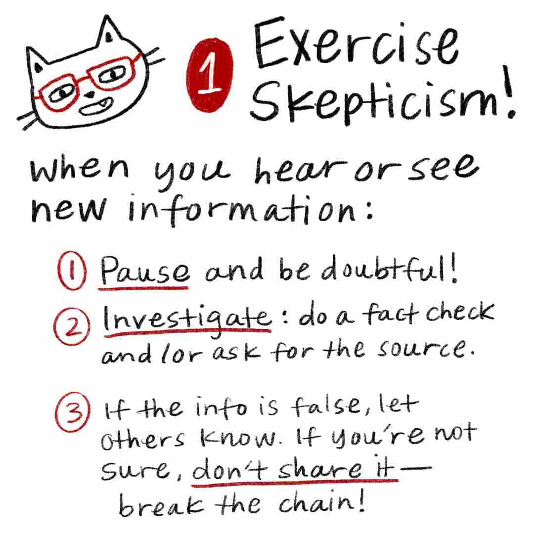 Tip 1: Exercise Skepticism. When you hear or see now information, first pause and be doubtful. Then investigate — do a fact check and/or ask for the source. Finally, if the information is false, let others know. If you're not sure, then don't share it — break the chain!
