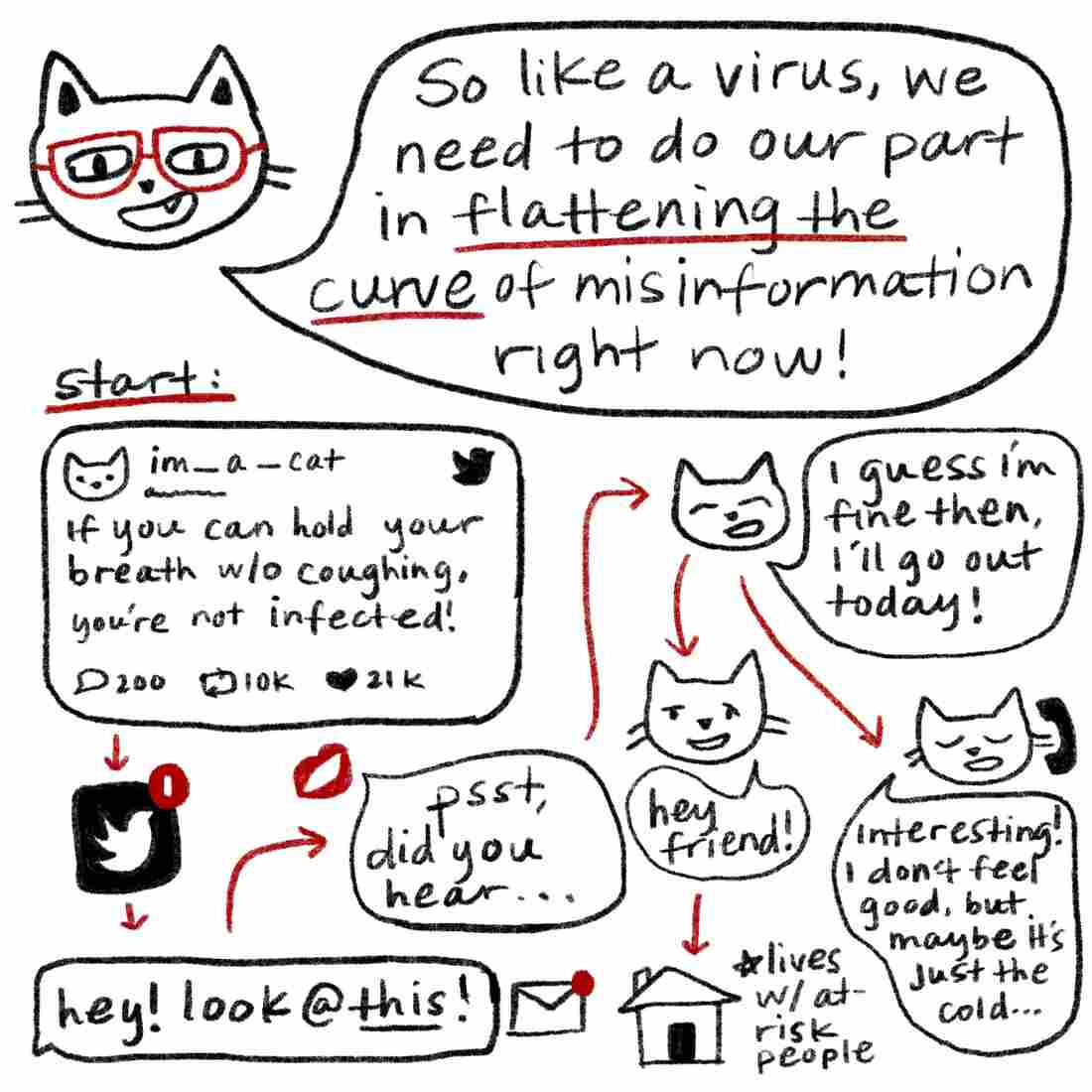 "So like a virus, we need to do our part in flattening the curve of misinformation right now!" says Glasses Cat. Below is an example of how misinformation could spread to cause real world consequences. A tweet saying "if you can hold your breath without coughing, you're not infected" gets passed to several cats, one who decides to go outside and another who decides not to seek medical attention.