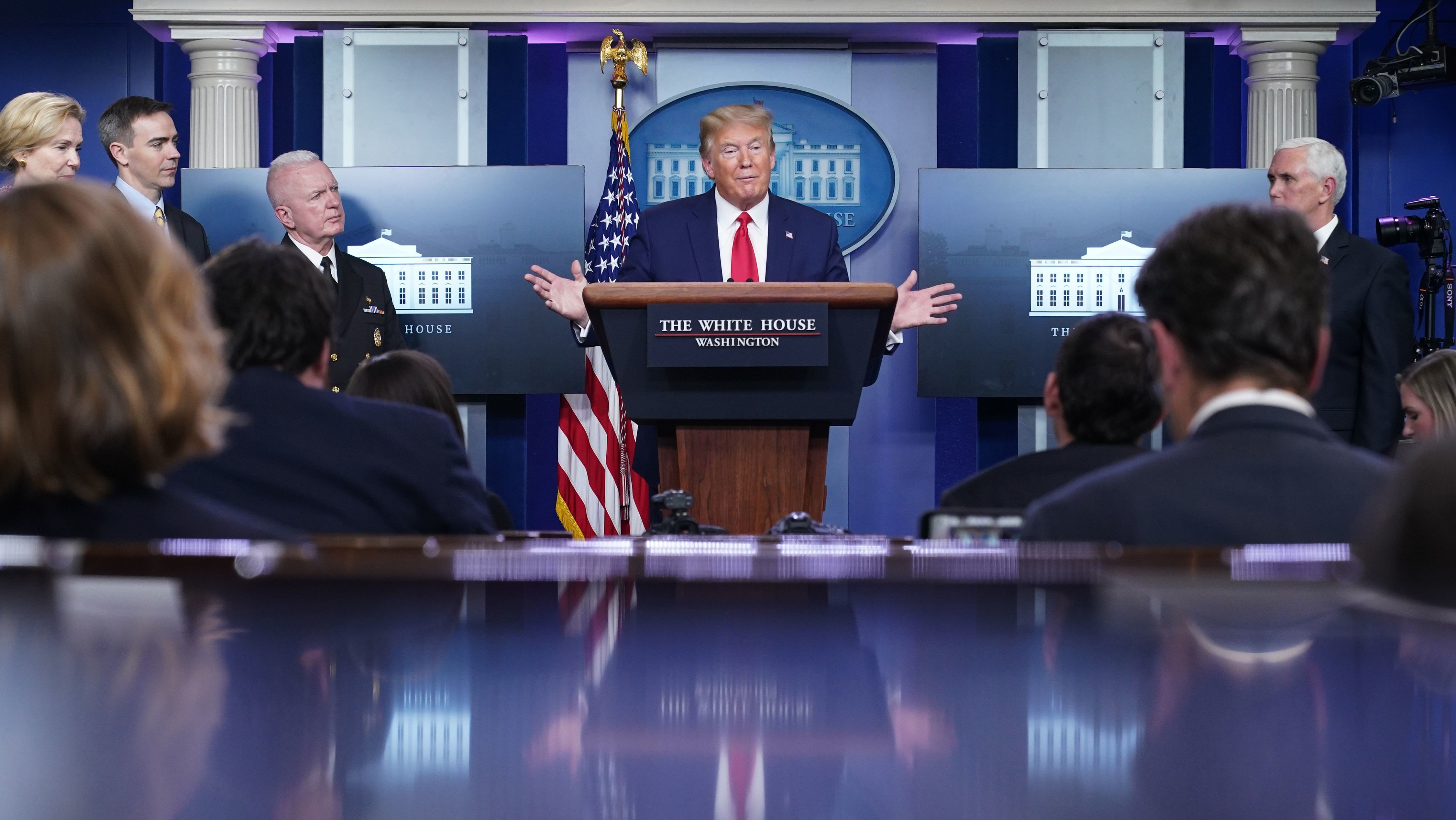 President Trump speaks during the daily briefing on the coronavirus Monday.