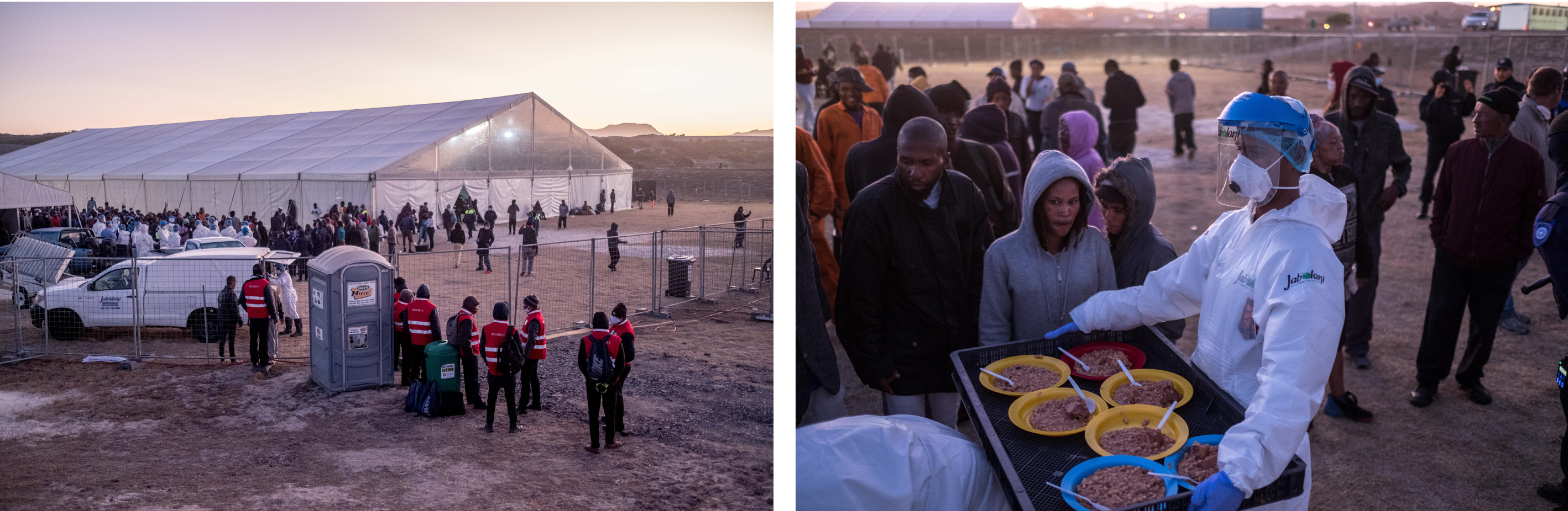 PHOTOS: Lockdown In The World's Most Unequal Country 14 Left: Security guards stand at the entrance of a camp that houses homeless people in Standfontein, Cape Town, during the coronavirus lockdown. Right: Homeless people receive food at the camp. Many worry that overcrowding puts them at risk of catching the virus.