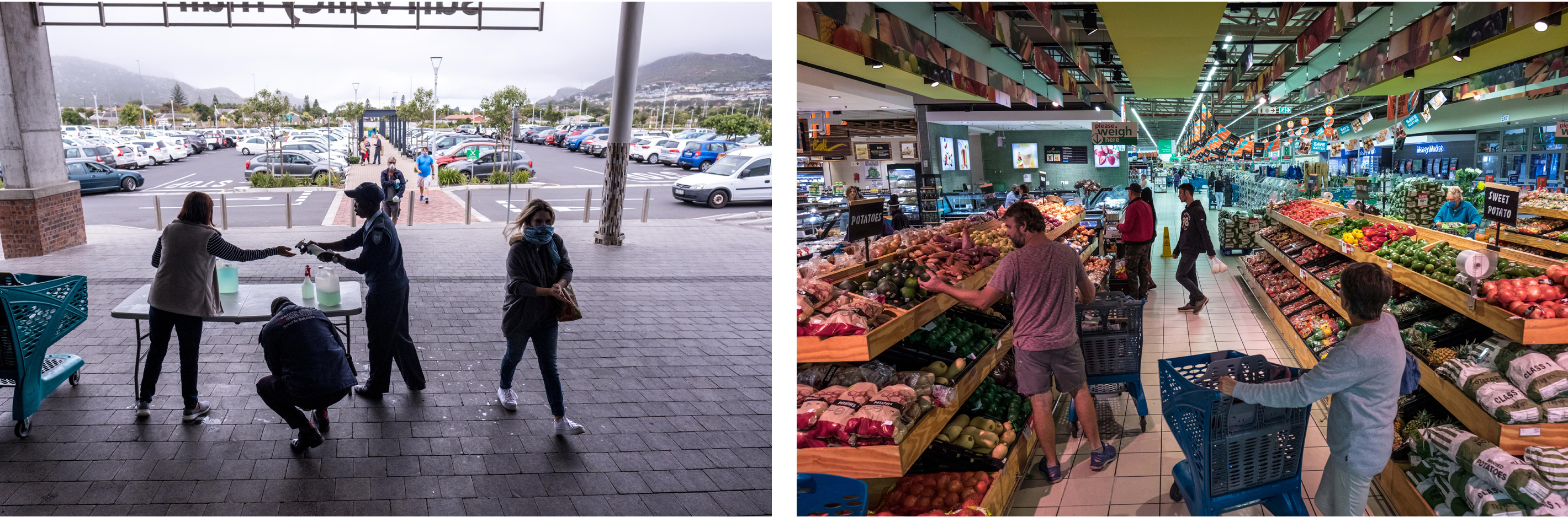 PHOTOS: Lockdown In The World's Most Unequal Country 11 Left: Security guards dispense hand sanitizer to shoppers entering a mall in the suburb of Noordhoek, Cape Town. Right: shoppers select fresh fruit and vegetables.