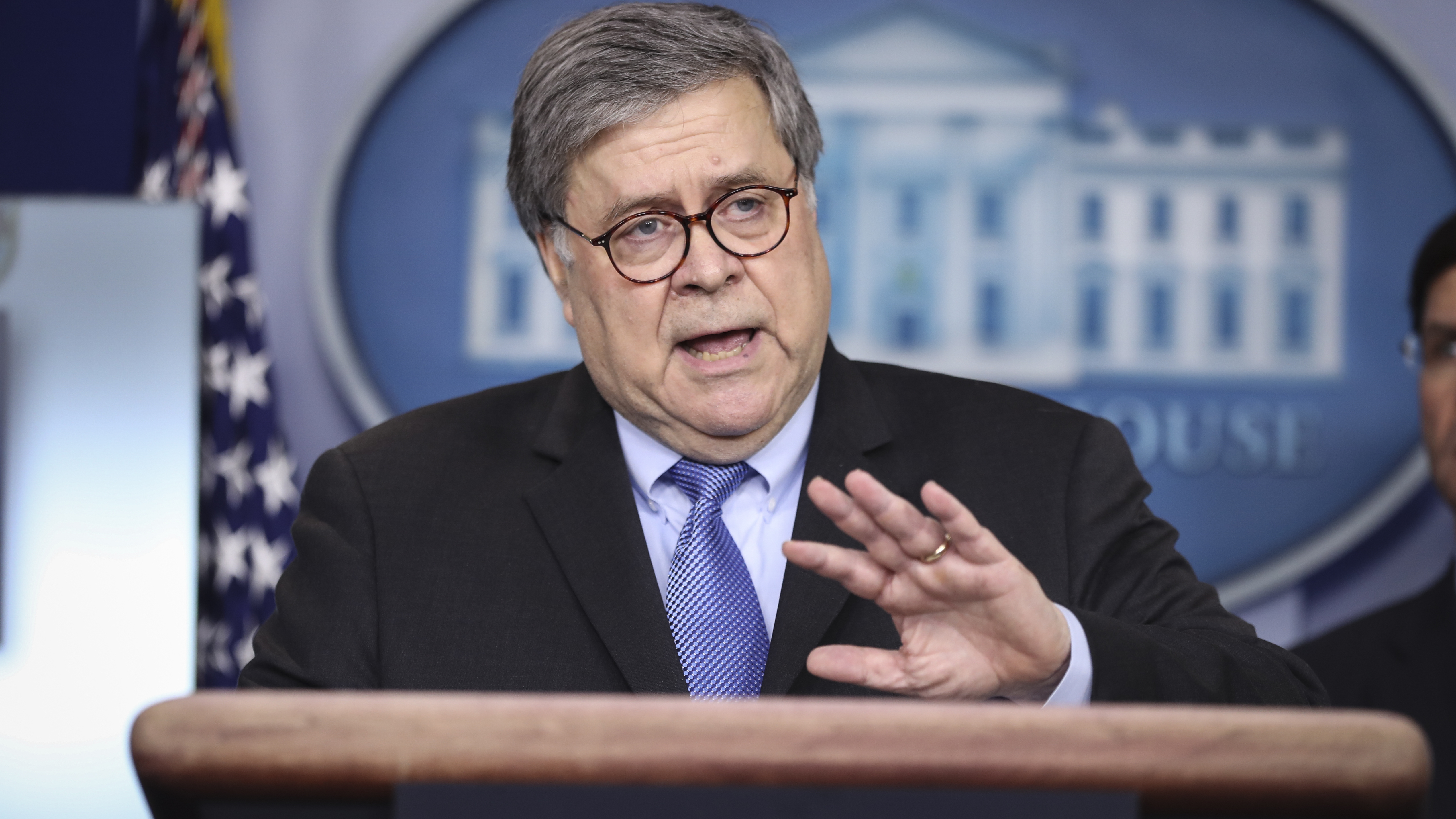 Attorney General William Barr speaks during a coronavirus task force news conference at the White House this month.