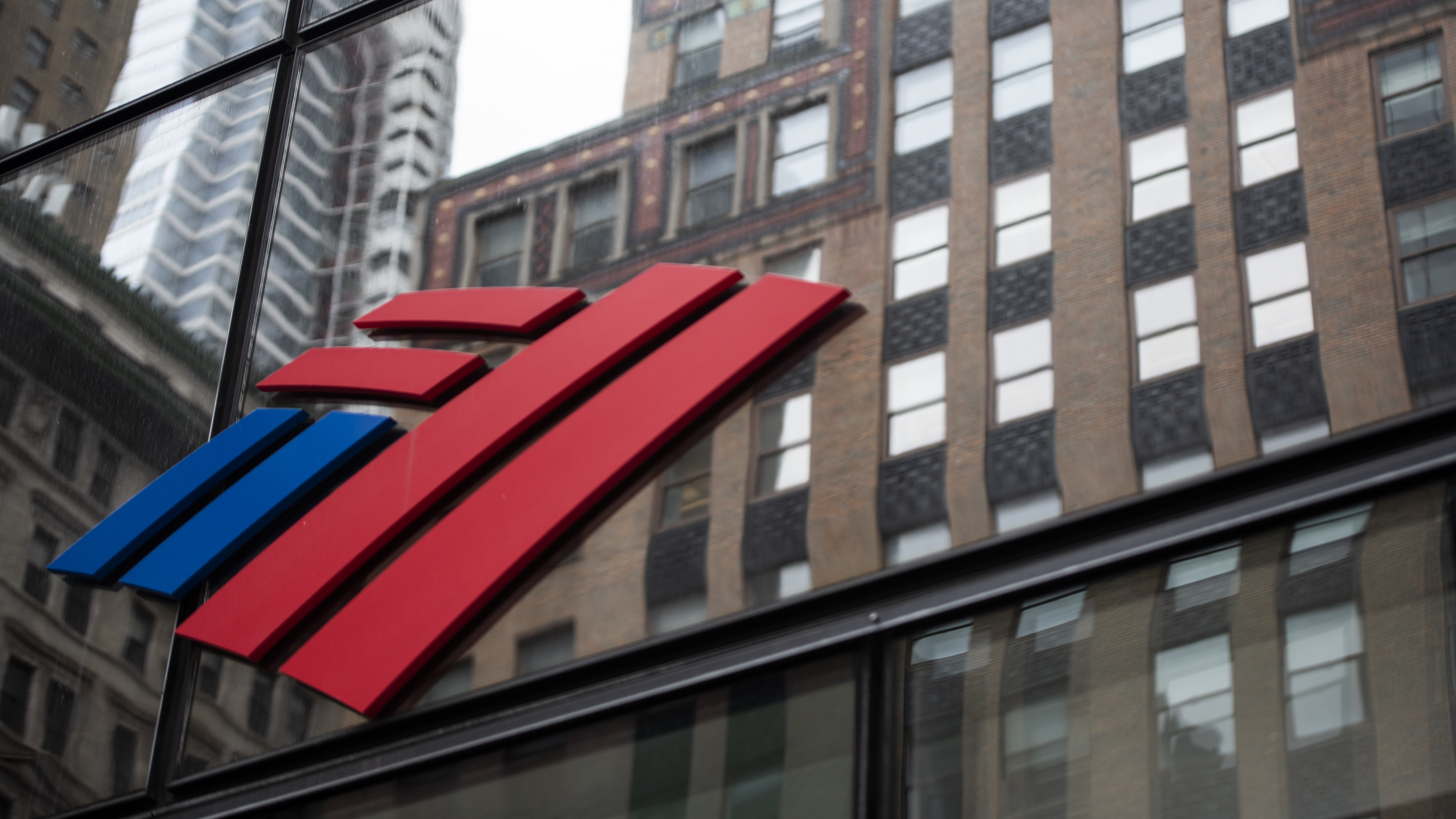 A Bank of America sign is displayed at a branch in New York on April 10, 2020. (Bloomberg via Getty Images)