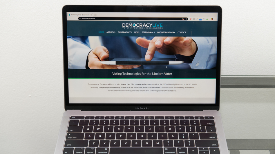 The Democracy Live homepage is displayed on a laptop. The company is administering a ballot return system for disabled voters in West Virginia, Delaware and, potentially, New Jersey. (Chona Kasinger/Bloomberg via Getty Images)