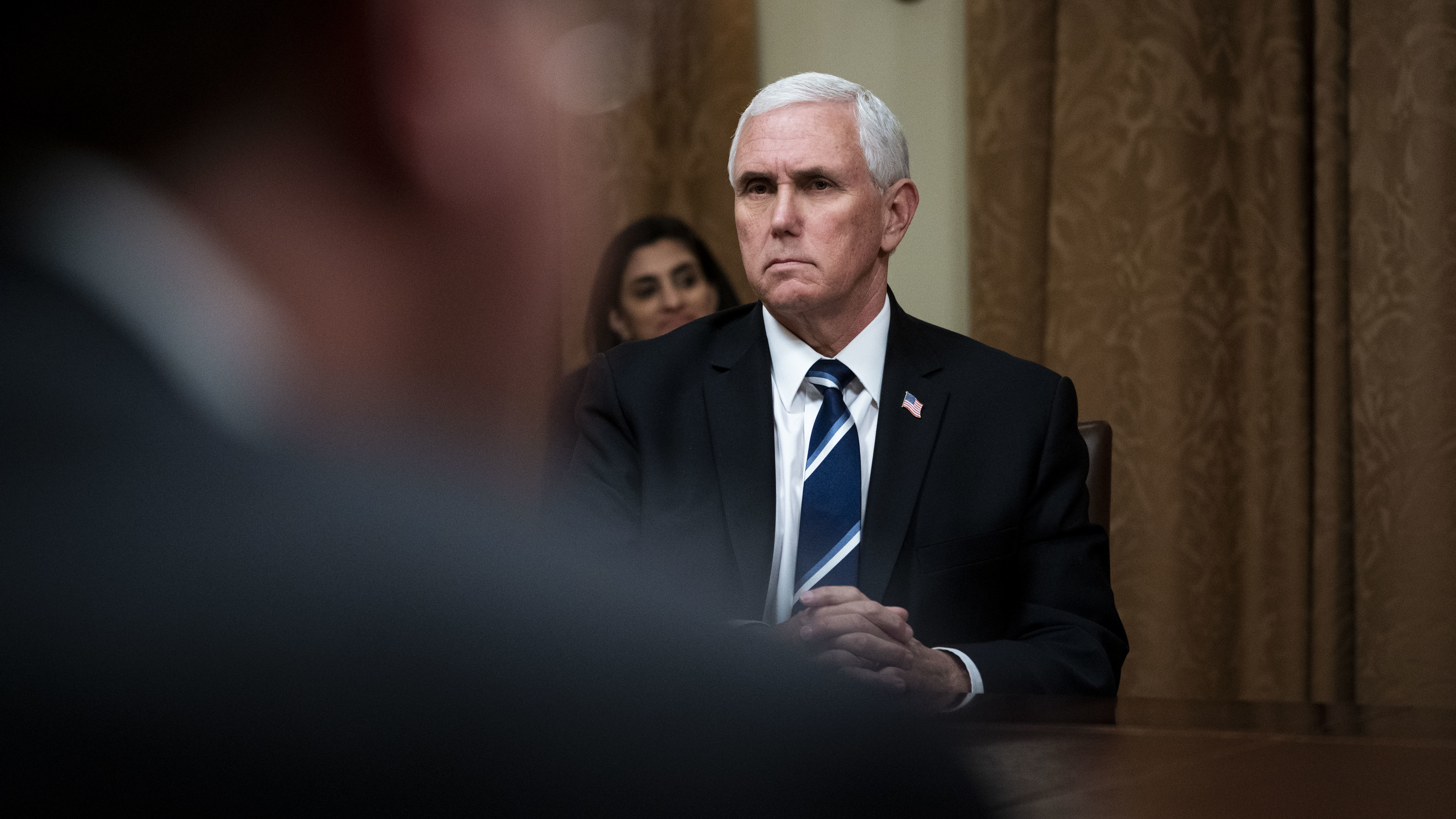 WASHINGTON, DC - APRIL 27: U.S. Vice President Mike Pence listens during White House meeting with industry execs.