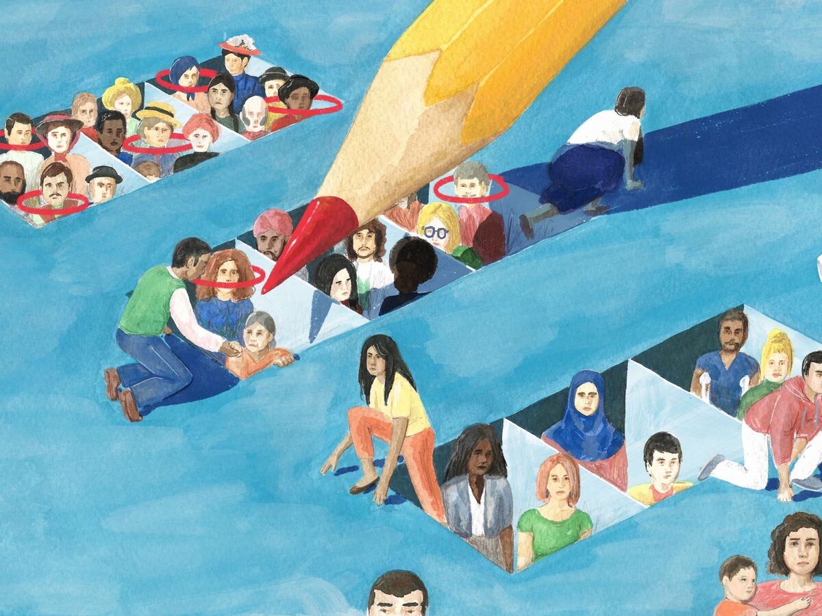 an illustration of people in boxes, with a large pencil overhead