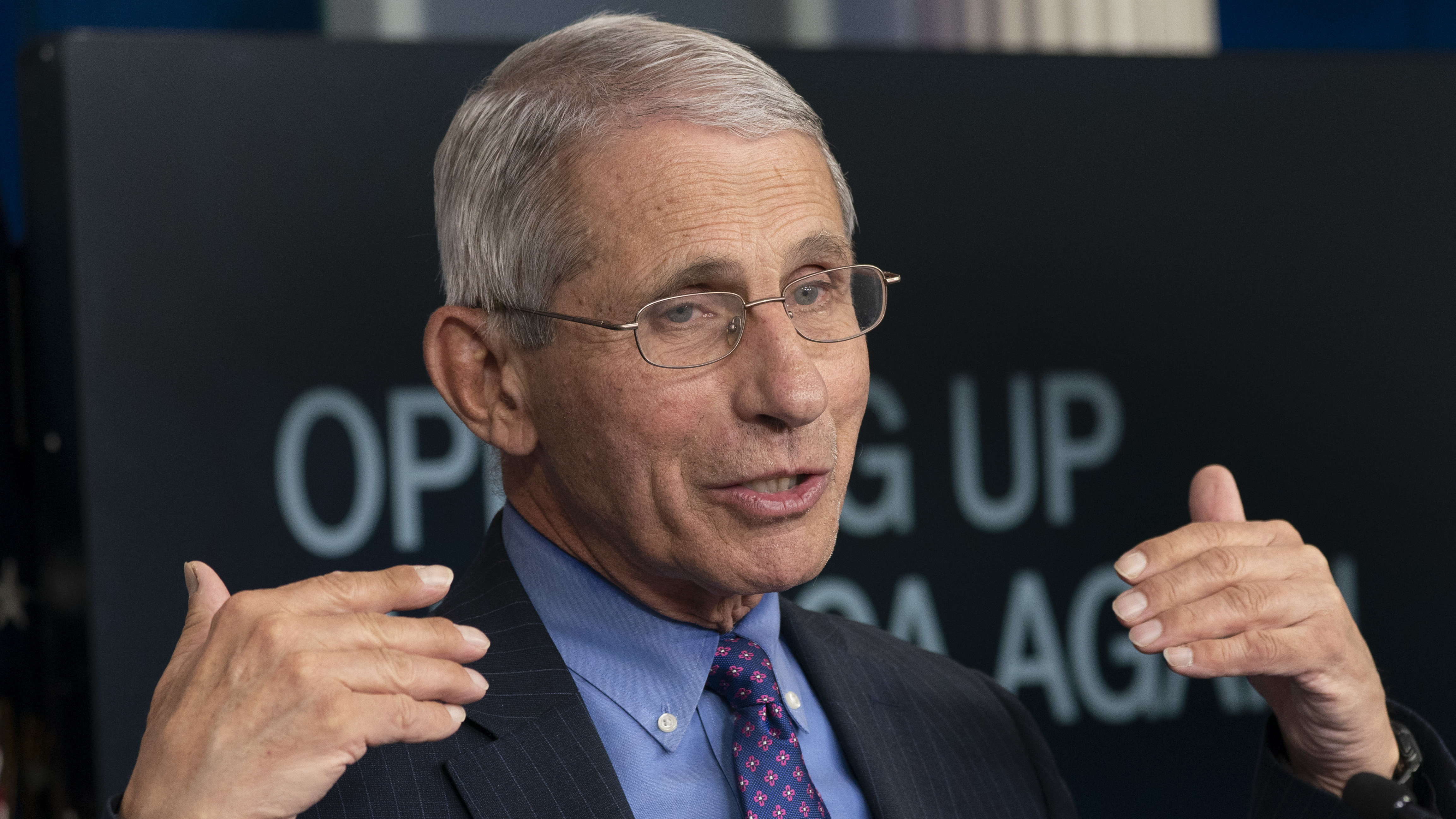 Dr. Anthony Fauci, director of the National Institute of Allergy and Infectious Diseases, speaks during a news conference at the White House on April 16.