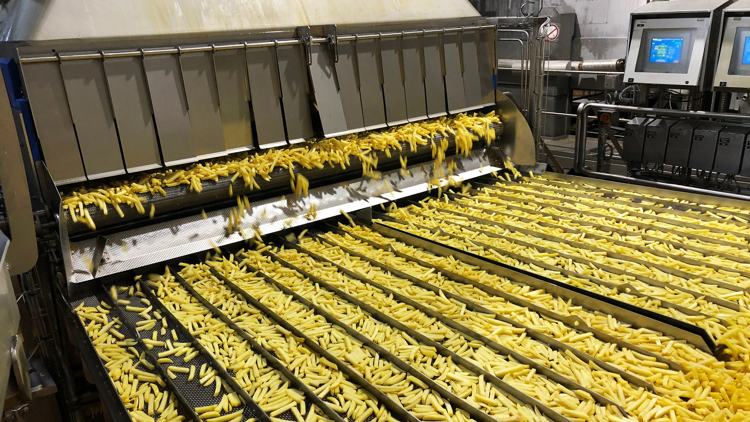 Potatoes are processed into fries at the Mydibel processing plant in Mouscron, Belgium.