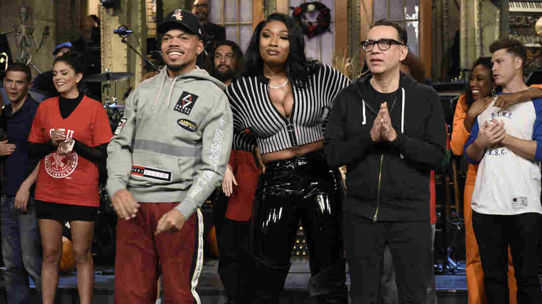 SATURDAY NIGHT LIVE — "Chance The Rapper" Episode 1771 — Pictured: (l-r) Host Chance The Rapper, Megan Thee Stallion, and Fred Armisen during Goodnights & Credits on Saturday, October 26, 2019 — (Photo by: Will Heath/NBC/NBCU Photo Bank via Getty Images)
