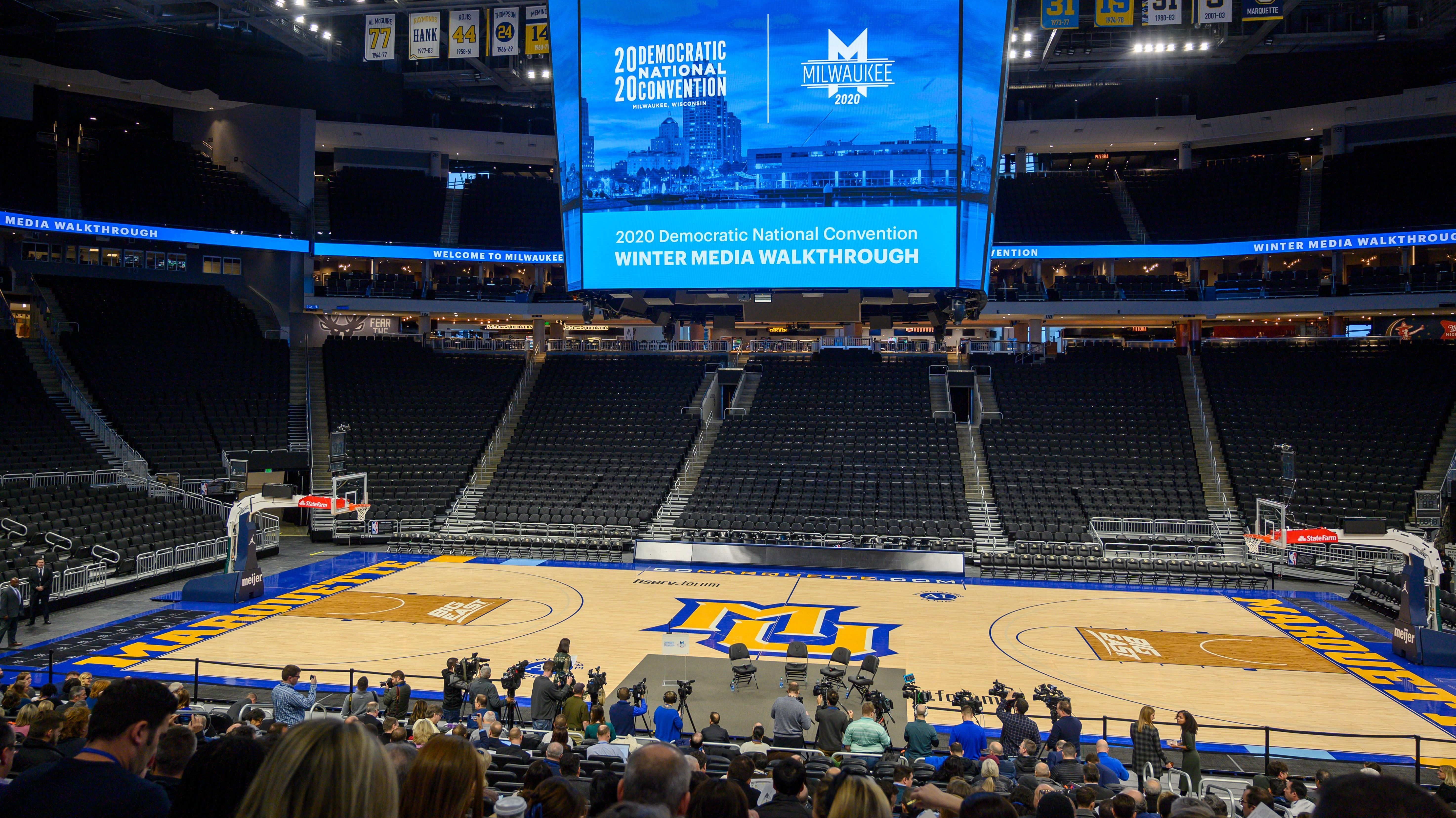 A mostly-empty Fiserv Forum is seen during a Democratic National Convention media tour in January. The Milwaukee arena may not fill up like a traditional political convention if public health guidelines prohibit large gatherings when the DNC takes place in August. (AFP via Getty Images)