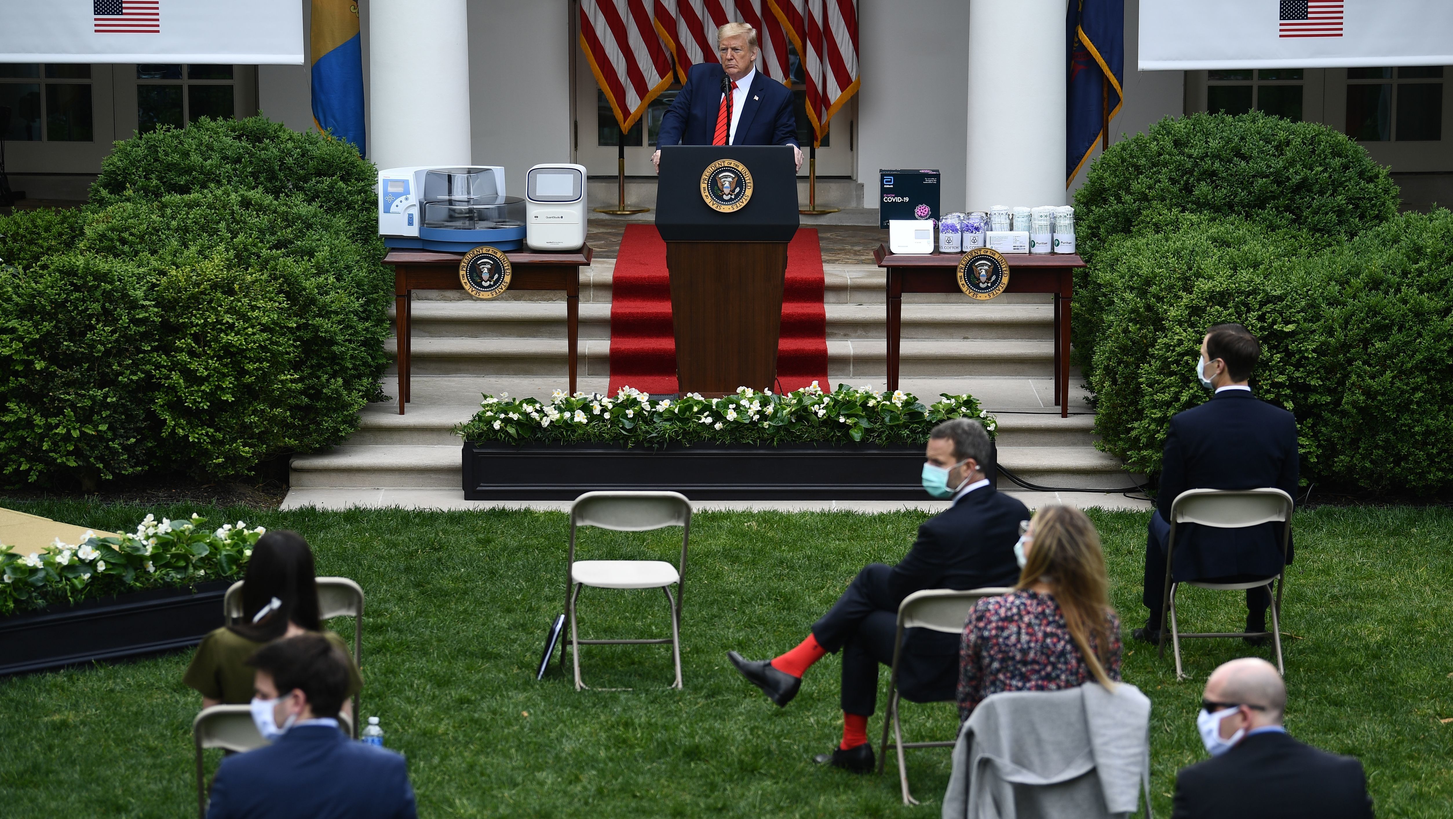 President Trump takes questions during a news conference on the coronavirus in the Rose Garden of the White House on Monday afternoon. (AFP via Getty Images)