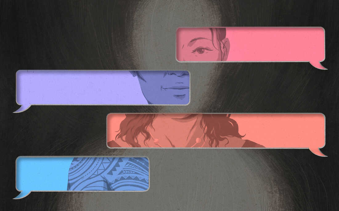 messaging bubbles reveal snippets of different multiracial people, transposed onto the silhouette of a person