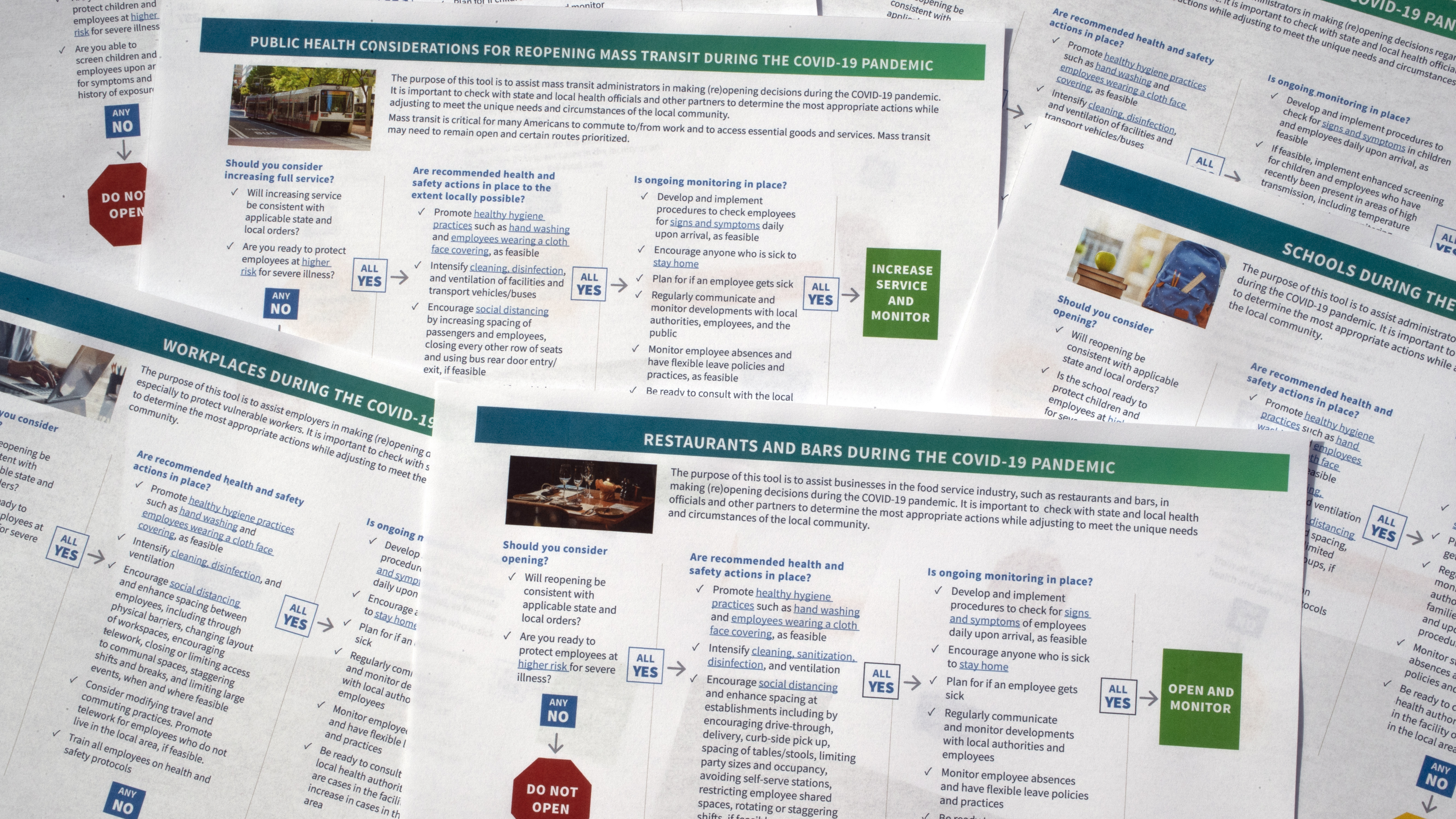 The Centers for Disease Control and Prevention released flowchart-like decision tools on Thursday designed to guide businesses, schools, mass transit and other organizations through the process of reopening.