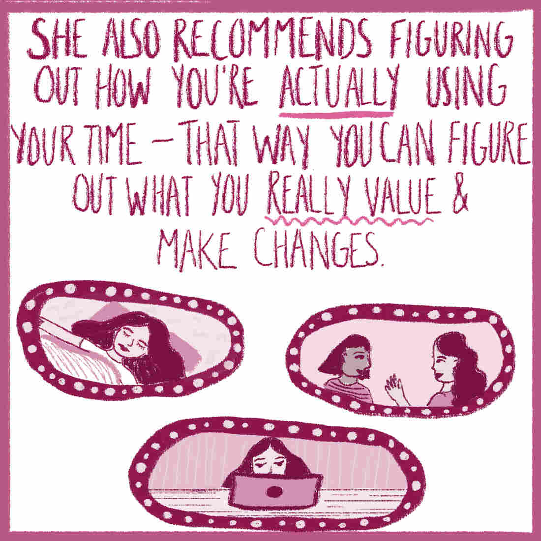 Image of a woman sleeping, image of a woman on a computer, image of two women talking. Text reads "Figure out how you're actually spending your time."