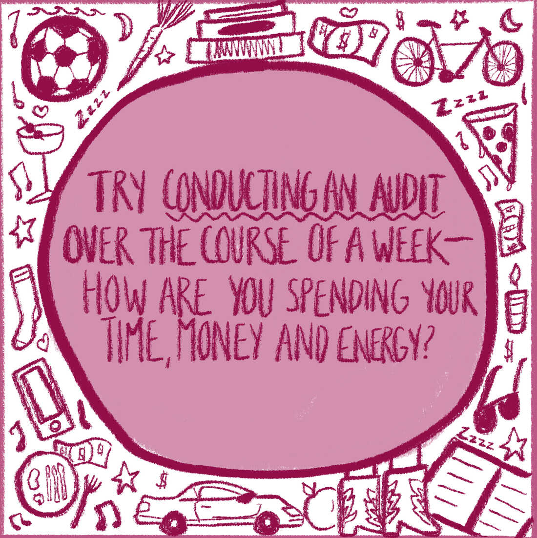 Image of lots of little objects like shoes, a soccer ball, a car and more. Text reads: "Try conducting an audit over the course of a week. How are you spending your time, money and energy?